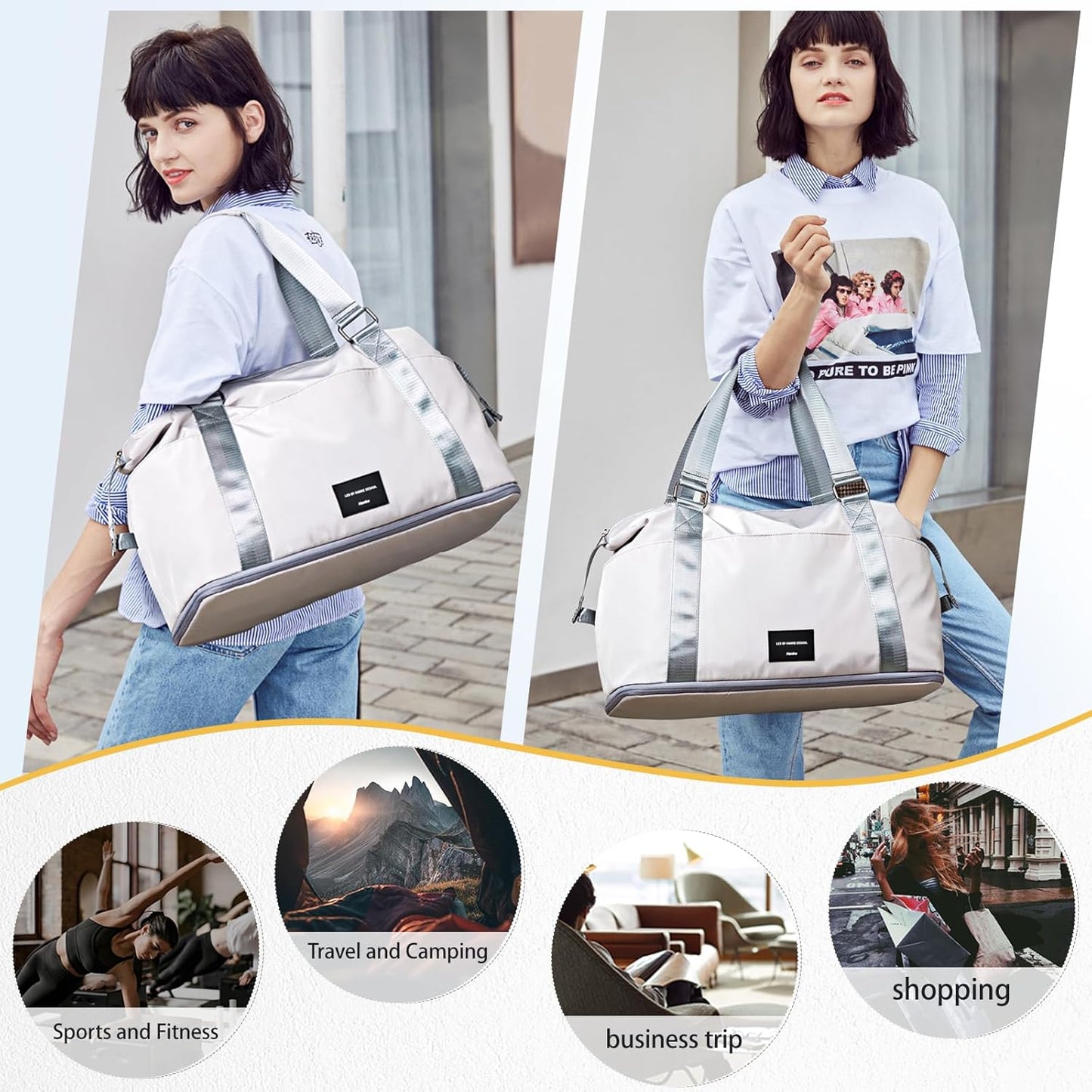 Hanke Expandable Travel Tote Bag 39L, Foldable Duffle Bag for Travel, Carry On Weekend Bags for Women With Multiple Pockets（Dune Grey）