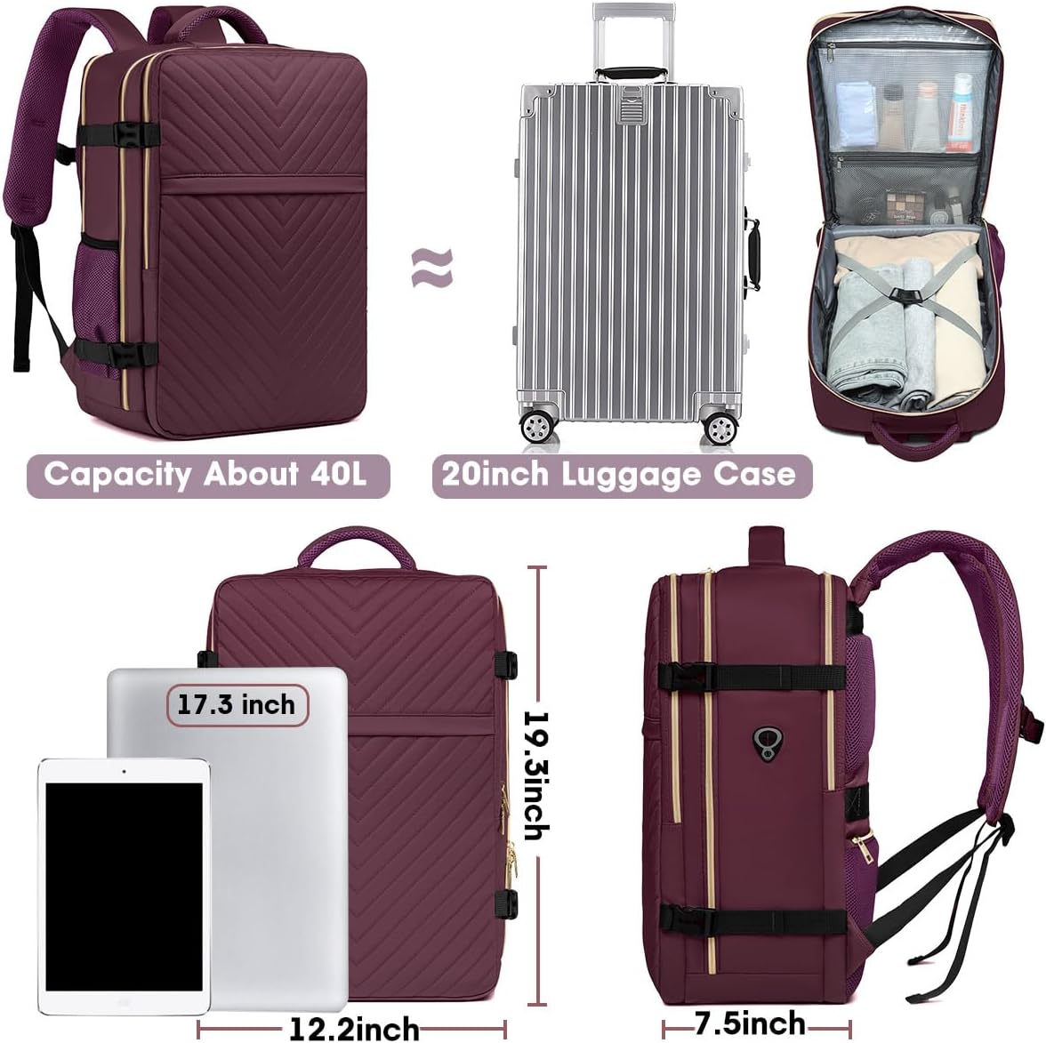 Large Carry On Travel Backpack - Flight Approved Waterproof Luggage Suitcase Backpack Personal Item Size for Women Men Fit 17 Inch Laptop College Overnight Bag Anti-Theft Weekender Daypack Dark Purple