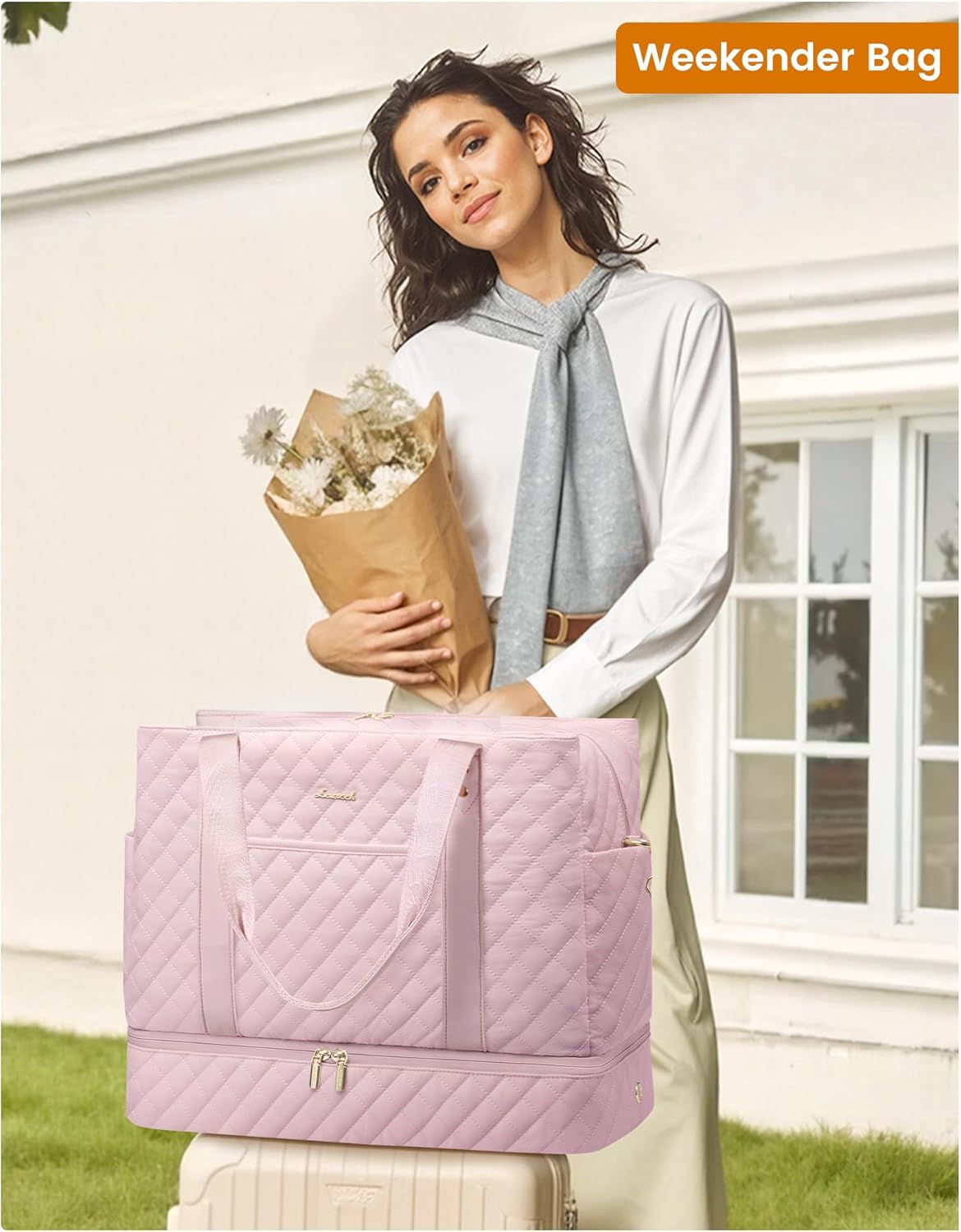 LOVEVOOK Large Travel Duffle Bag for Women, 45L Weekender Bags with Shoe Compartment & Wet Pocket, Quilted Carry On Personal Item Bag, Overnight Hospital Bags for Labor Delivery Pink