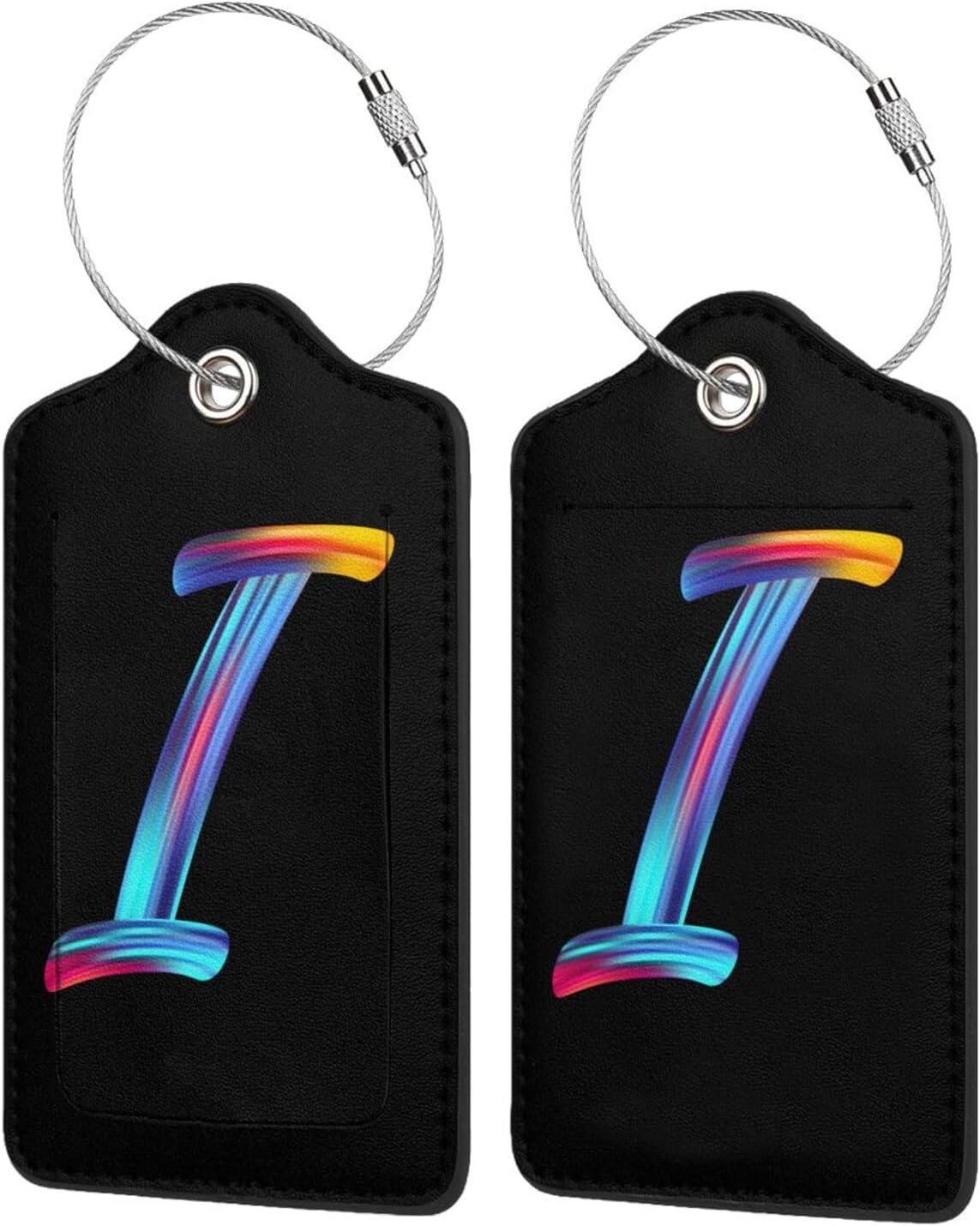2 Pack Initial Luggage Tags for Suitcase, Colorful Letter Design Cruise Name Bag Tags, Novelty Baggage Identifiers with Full Privacy Cover, Leather ID Label for Women Men Kids Travel, Rainbow Letter I