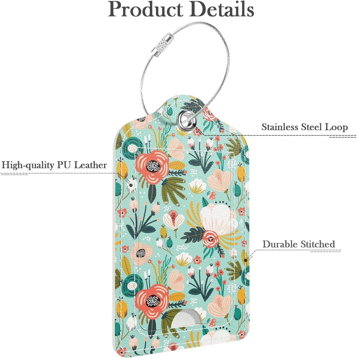 Luggage Tags for Suitcase, 2 Pack PU Leather Travel Cruise Luggage Tag with Privacy Flap, Name ID Label and Metal Loop for Women Men Suitcase Baggage Bag Backpack Instrument, Green Flowers