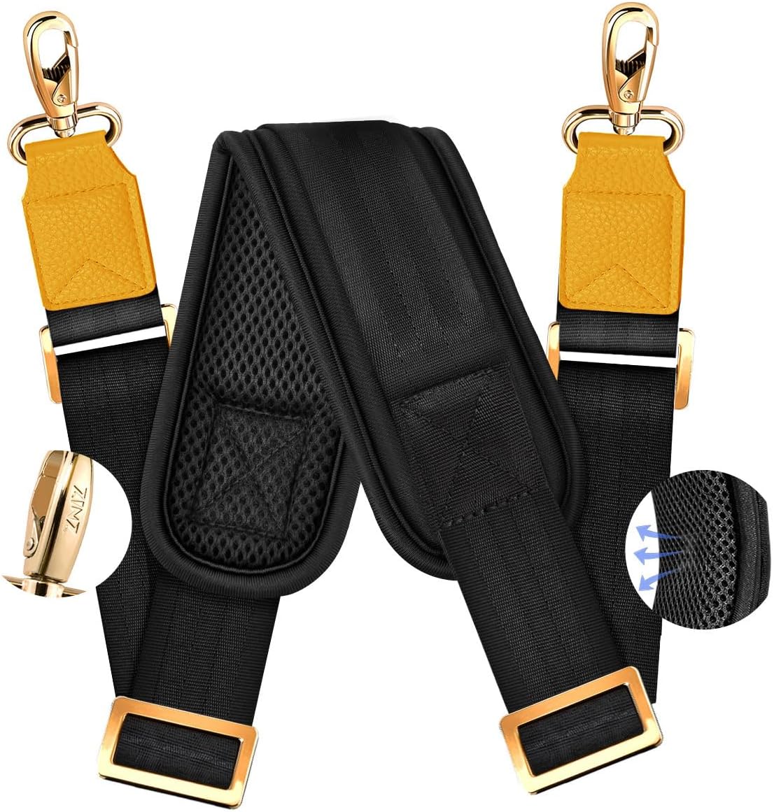 ZINZ 60" Universal Strap with Ultra-thick Fixed Breathable Pad - Adjustable Heavy-duty Shoulder Strap for Laptop, Crossbody Luggage, Gym Bag, Camera Bag and More - Black, Yellow