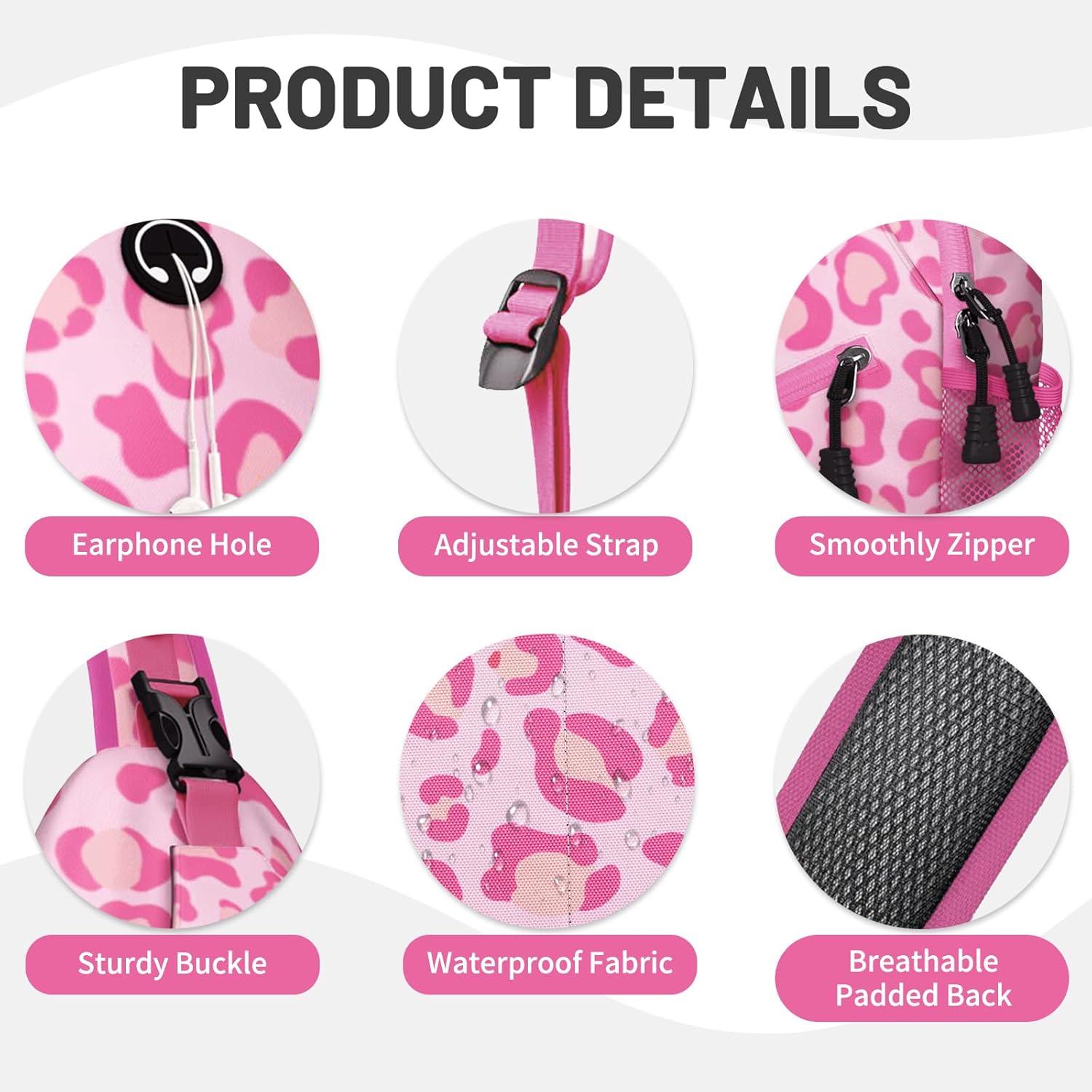 Pink Leopard Print Sling Bag Crossbody Chest Bag for Women Men, Water Resistant Lightweight Casual