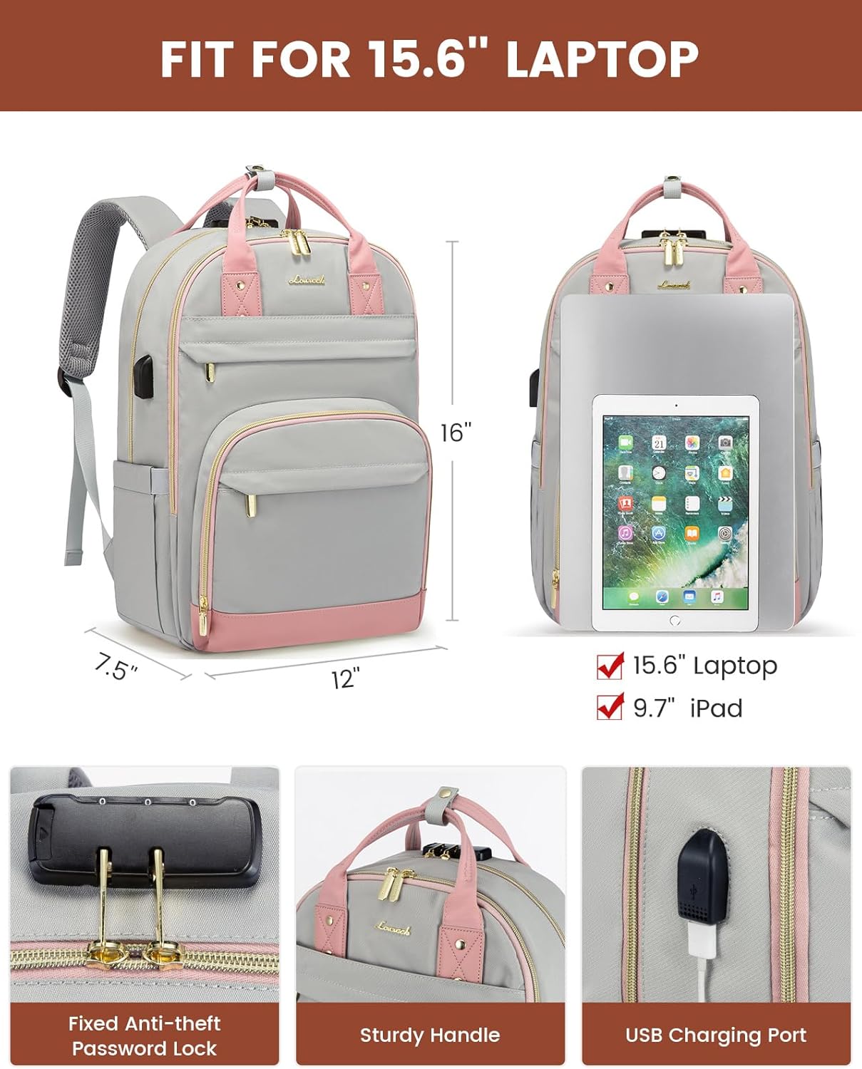 LOVEVOOK Laptop Backpack for Women, Large Capacity Travel Anti-Theft Bag Business Work Computer Backpacks Purse, Casual Hiking Daypack, 15.6 Inch, Light Grey-Pink