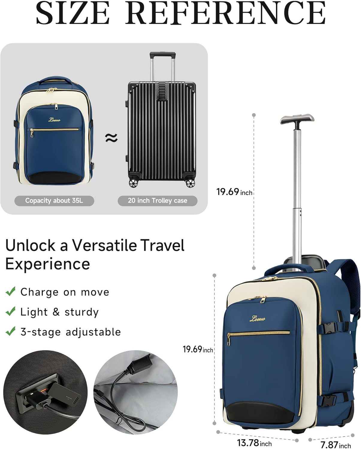 Carry On Backpack with Wheels for Adults, Airline Approved Rolling Backpack for Women, Foldable Bottom Travel Laptop Backpack (Deep Blue)