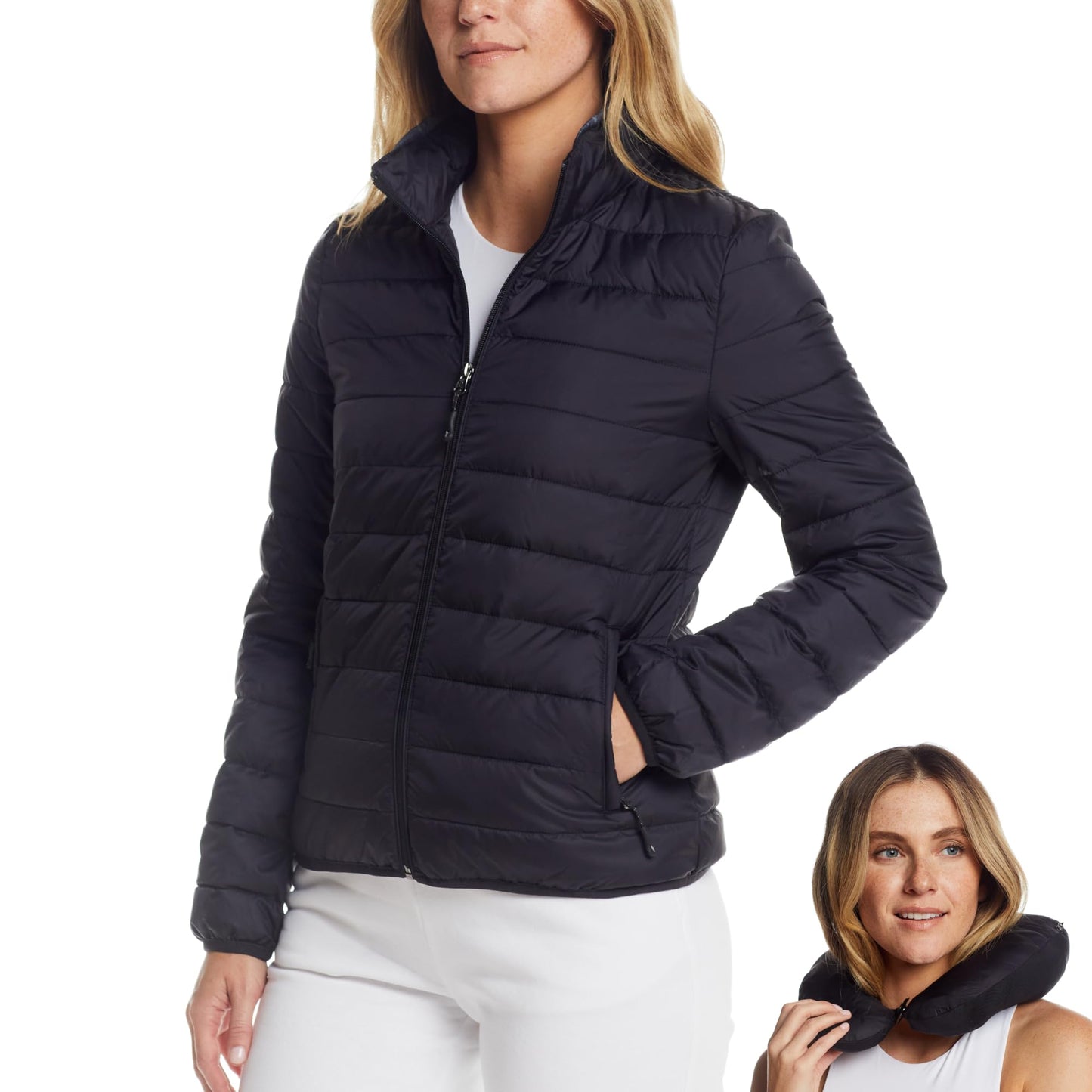 Weatherproof Women's Packable Puffer Jacket with Travel Neck Pillow - Lightweight, Warm