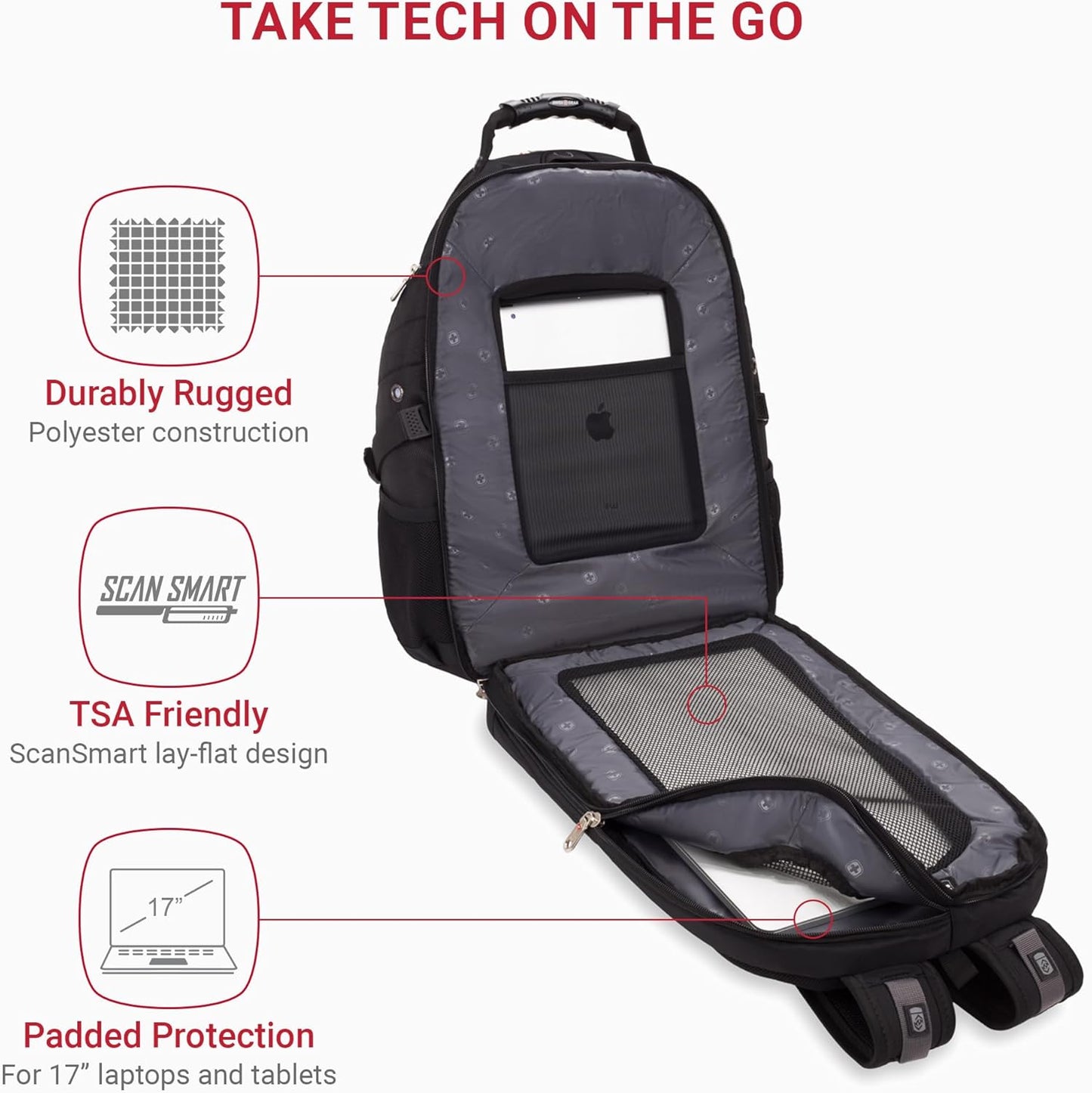 SwissGear 1900 ScanSmart 17” Laptop Backpack Black – Reflective Tech Backpack with ScanSmart