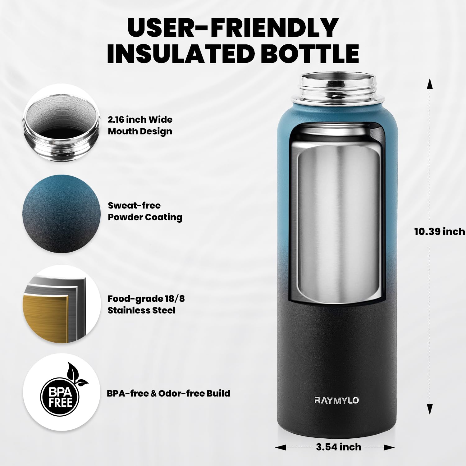 RAYMYLO Insulated Water Bottle 40 oz, Triple Wall Vacuum Stainless Steel