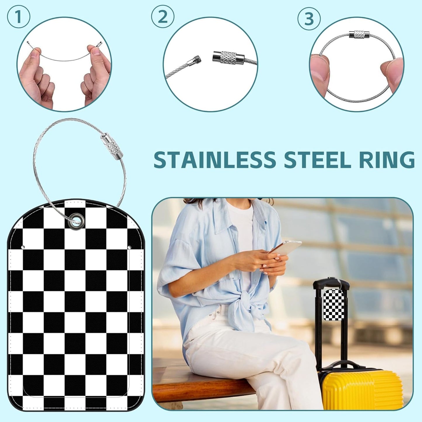 2 Pack Cute Luggage Tag for Suitcases Checkered Texture Leather Luggage Tags with Stainless Steel Loop Privacy Flap Name Tags,Men and Women Travel Bag Suitcase Tags