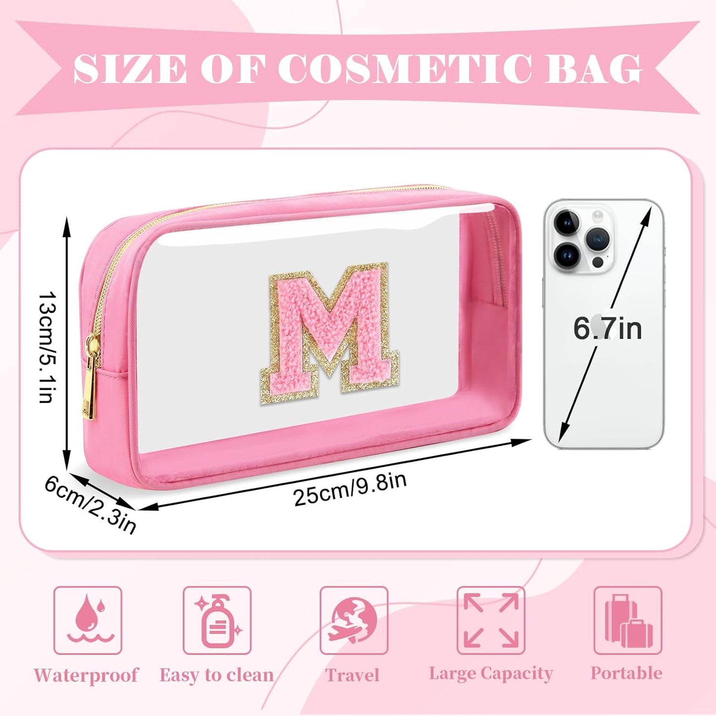 Personalized Initial Letter Clear Makeup Bag,Preppy Small Nylon&PVC Cosmetic Zipper Bag with Chenille Letter,Portable Beach Travel Skincare Toiletry Bag,Trendy Monogram Gift for Teen Girls Women,M
