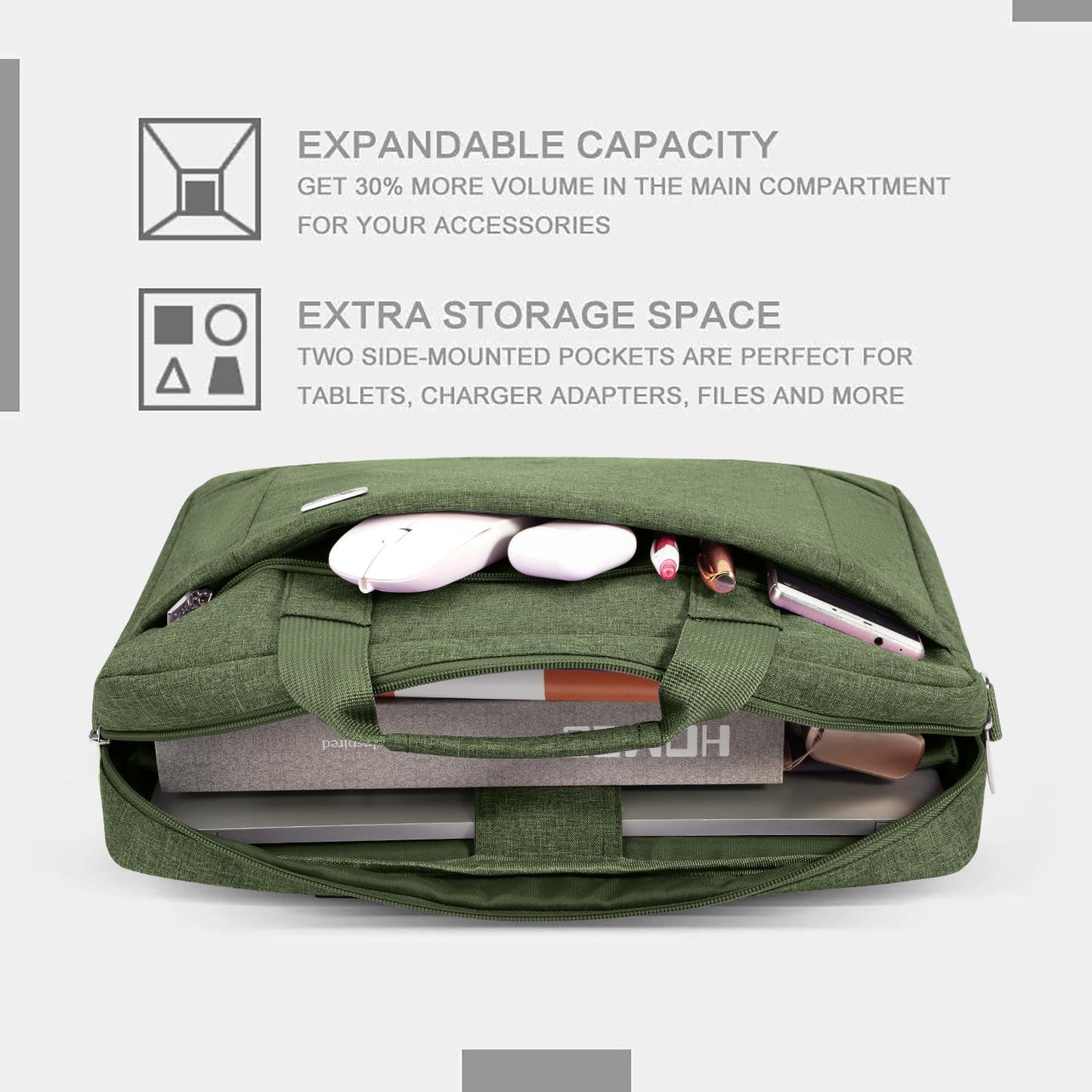 Voova Laptop Bag Case 17 17.3 Inch Computer Sleeve Messenger Bag with Shoulder Strap Expandable Waterproof Large Capacity Business Briefcase for Work Travel Fit 17-18” Laptop, Men Women, Army Green