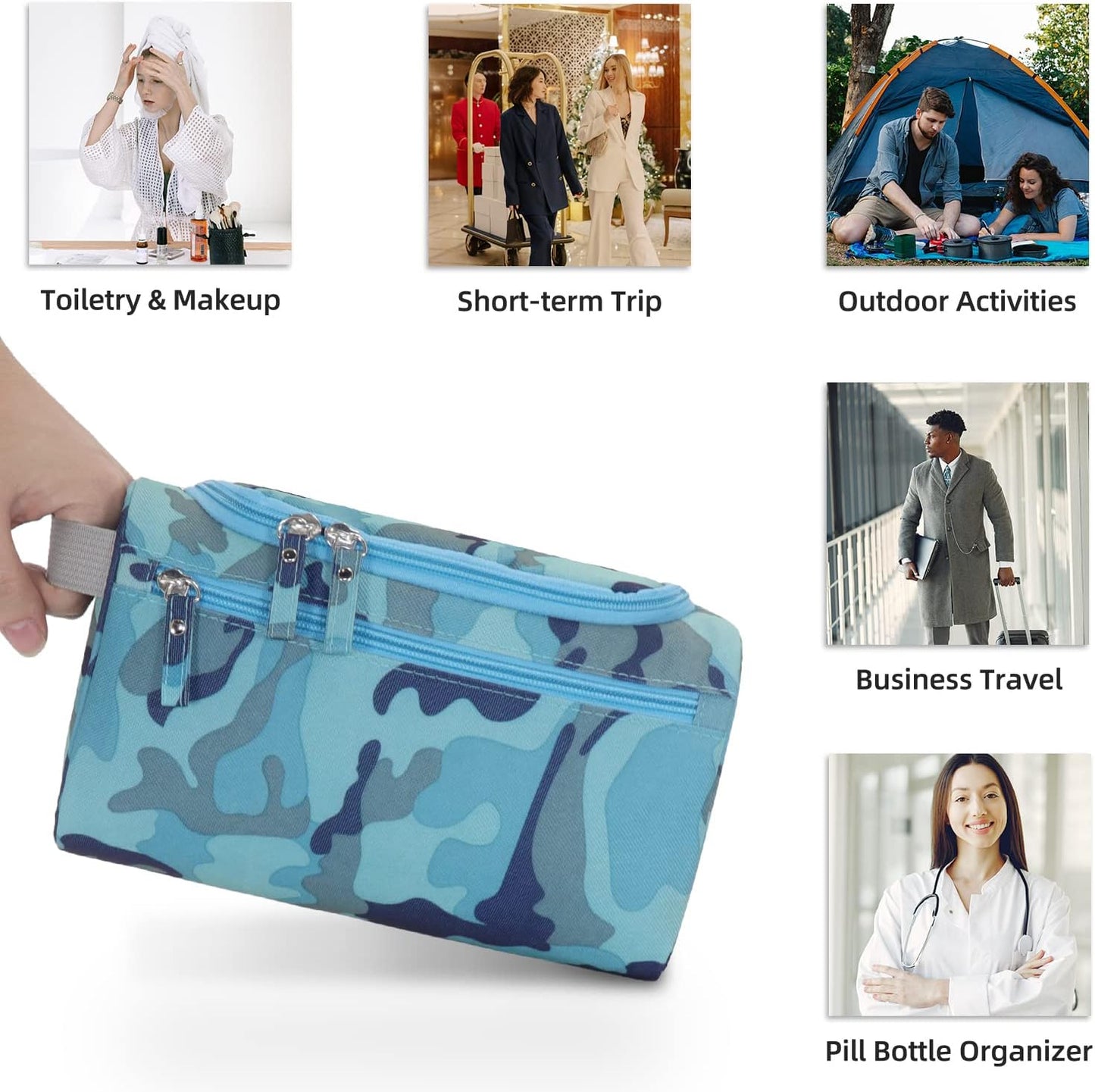 Buruis Travel Toiletry Bag for Men and Women, Hanging Cosmetics Makeup Bags, Water-resistant Dopp Kit Shaving Bags, Small Toiletry Bag for Travel Essentials (Camo Light Blue)
