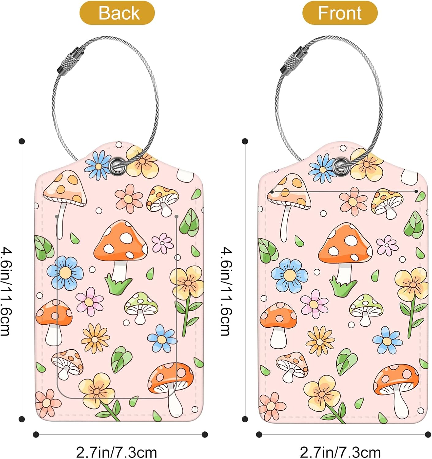 2Pack Luggage Tags for Suitcases, Cute Unique Pu Leather Cruise Luggage Tag with Privacy Cover ID Label Address Card and Metal Ring Suitable for Women Men Kids Travel Bag Mushrooms and Plants