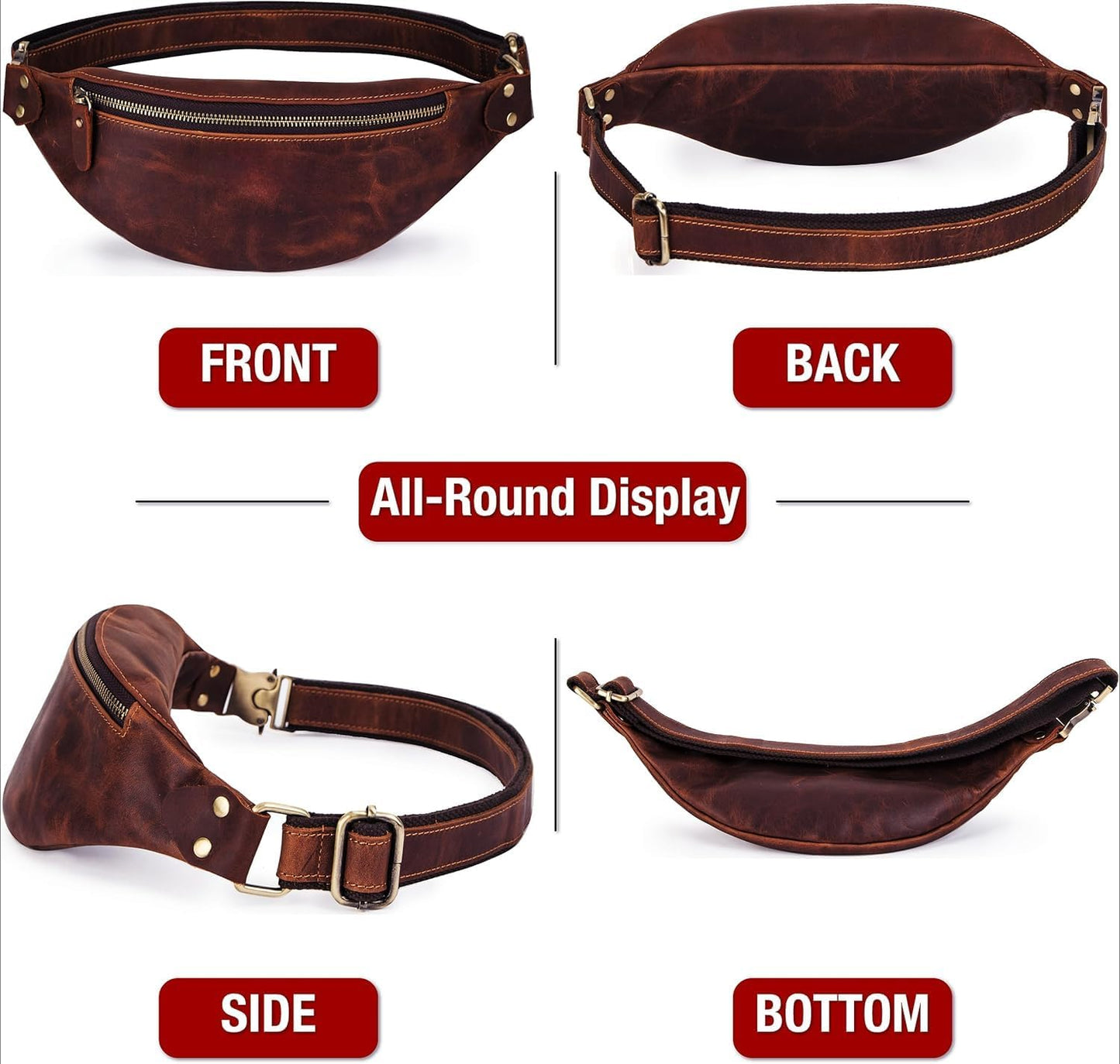 Slim Genuine Leather Waist Pack for Men Women Vintage Crossbody Fanny Pack Travel Riding Detachable Belt Bag (Red Coffee)