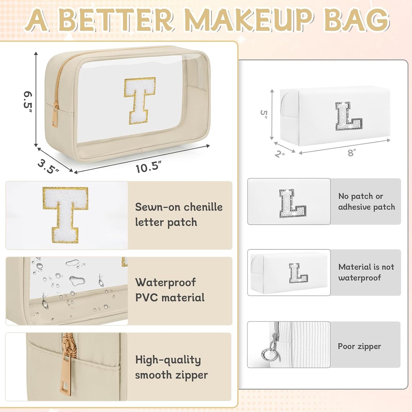 Personalized Initial Clear Makeup Bag, Travel Chenille Patch Cosmetic Bag, Preppy Toiletry Bag Monogram Cosmetic Pouch with Zipper, Ideal Gift for Teen Girls Women (Clear-Beige, T)