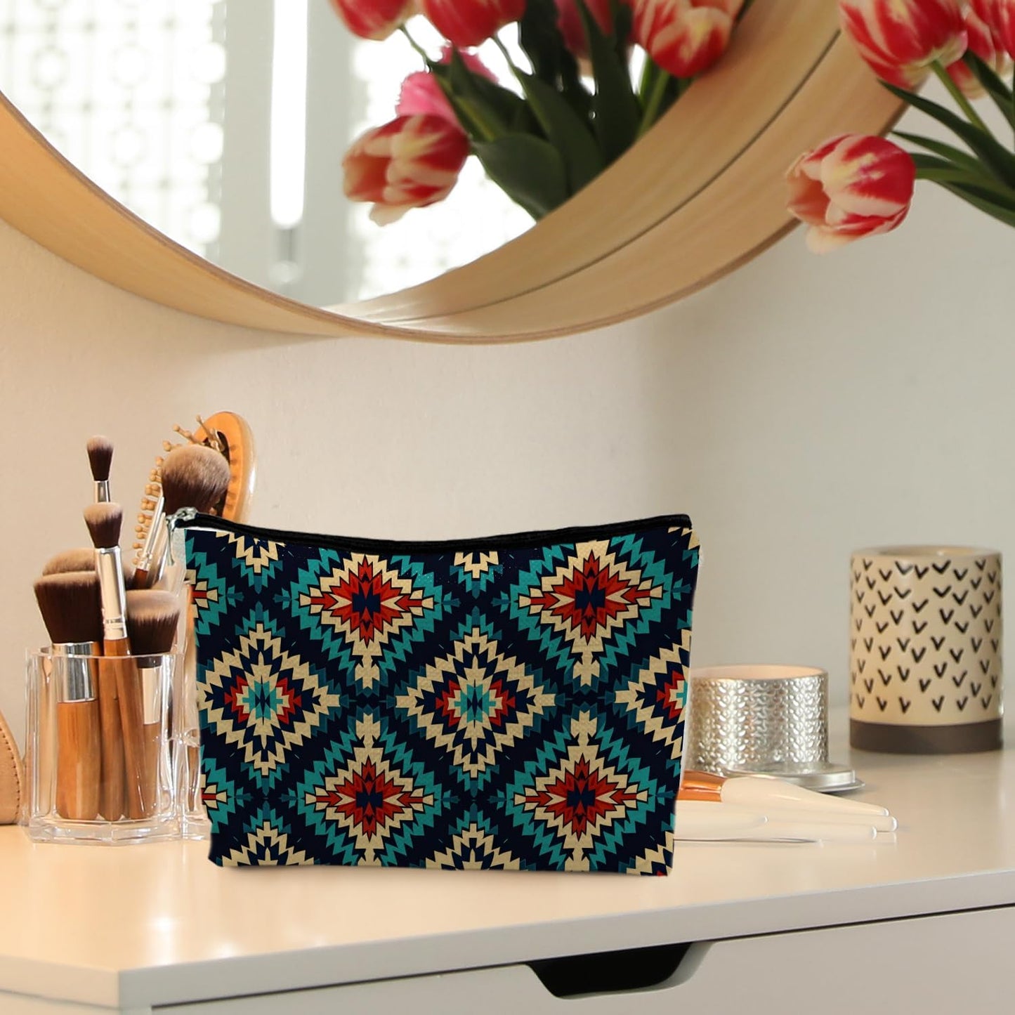 Boho Aztec Makeup Bag, Ethnic Southwestern Navajo Tribal Cosmetic Bag for Women, Western Gifts and Accessories