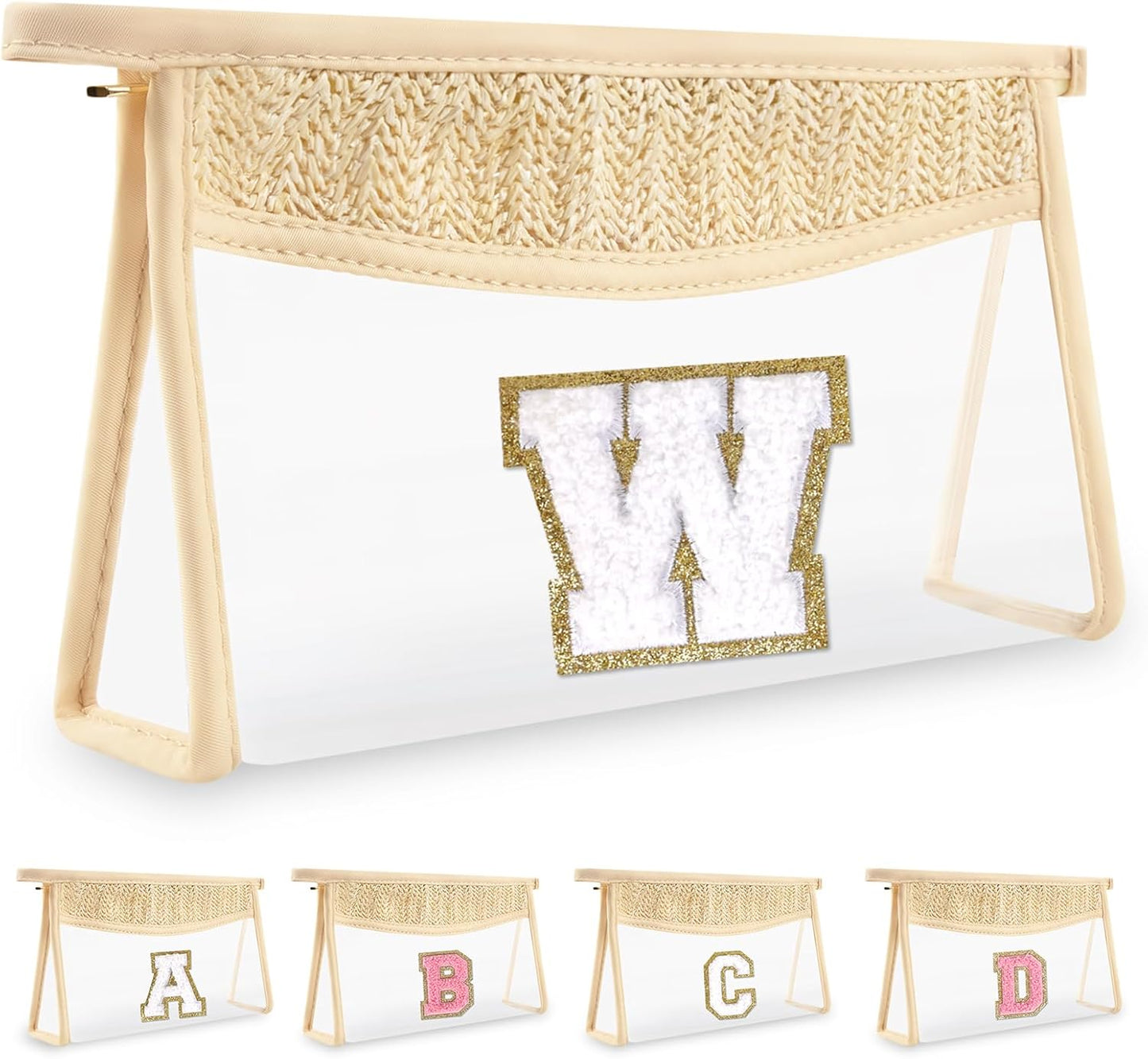 Personalized Initial Letter Bag Boho Straw Clear Makeup Bag,Small Cute Chenille Varsity Letter Bag With Zipper,Beach Travel Toiletry Bag,Portable Monogrammed Cosmetic Bag for Women Girls,W