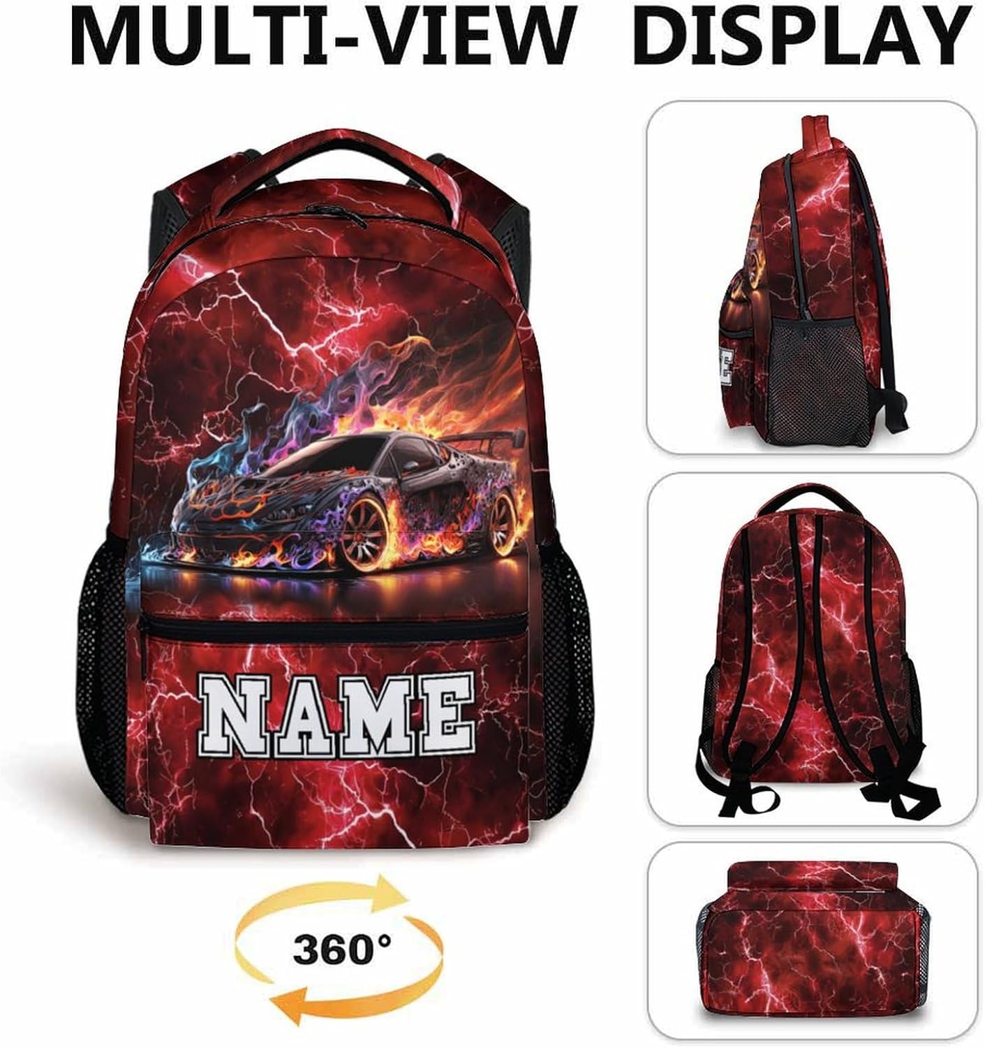 Kids Bookbag for Boys, Custom Race Car Backpacks, Colorful 17 Inch Casual Backpack, Durable Schoolbag for Middle School Travel Camping Vacation Hiking