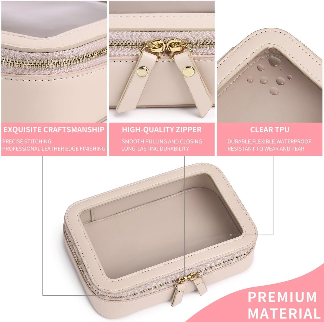 Clear Makeup Bag Small Cosmetic Bag Clear Travel Case Transparent Travel Toiletry Case Makeup Bag for Car with Zipper for Women (Beige, Small)