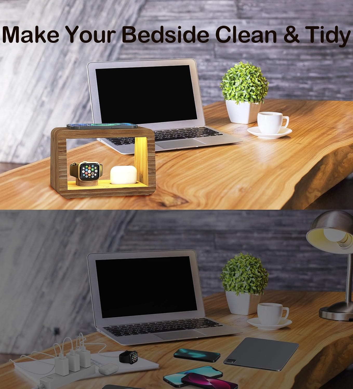 Bamboo Charging Station for Multiple Devices, 15W Fast Wireless Charger Night Light with 3 Color & 4 Adjustable Brightness, Night Stand Charger Station for iPhone/iWatch/AirPods/Samsung with Adapter