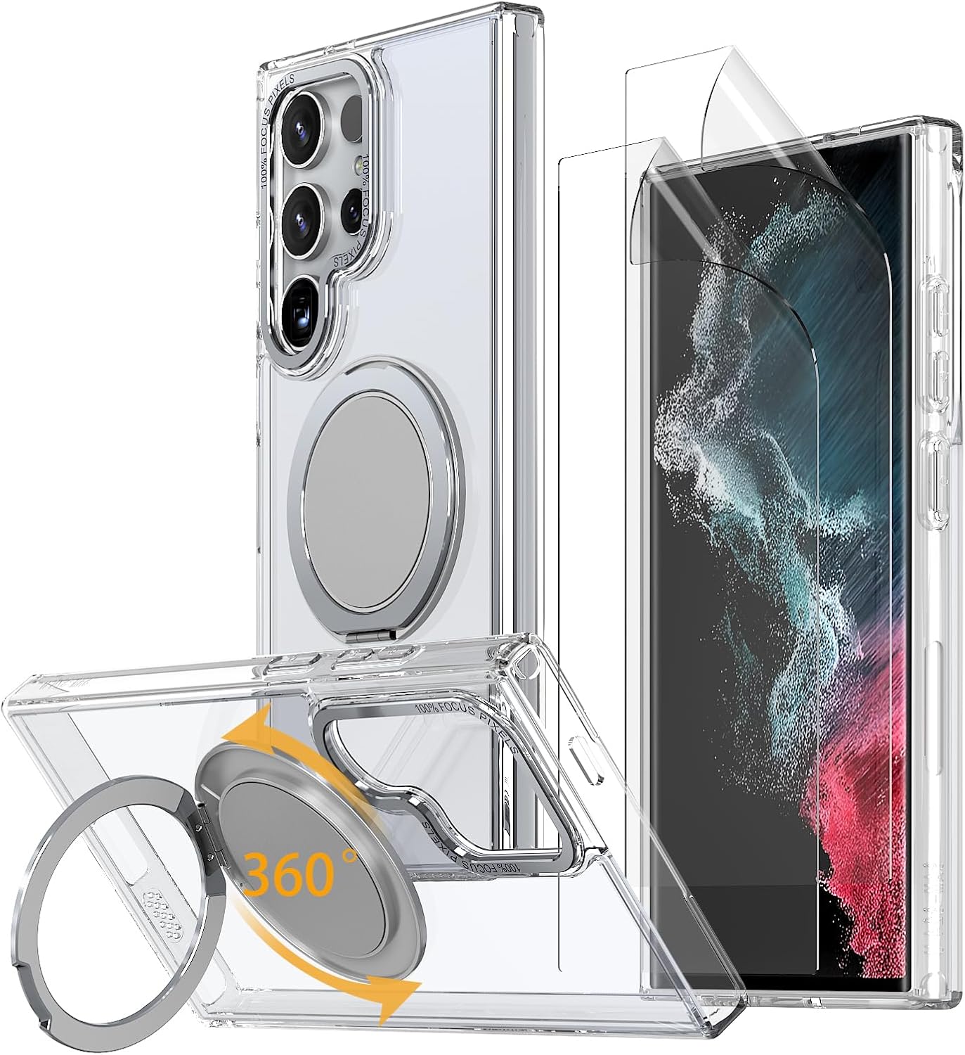 Magnetic Stand Case for Samsung Galaxy S22 Ultra/S23 Ultra [with 2 Screen Protectors] [360° Rotation Magnetic Stand] [Compatible with Magsafe] Military-Grade Drop Protection Case, Clear
