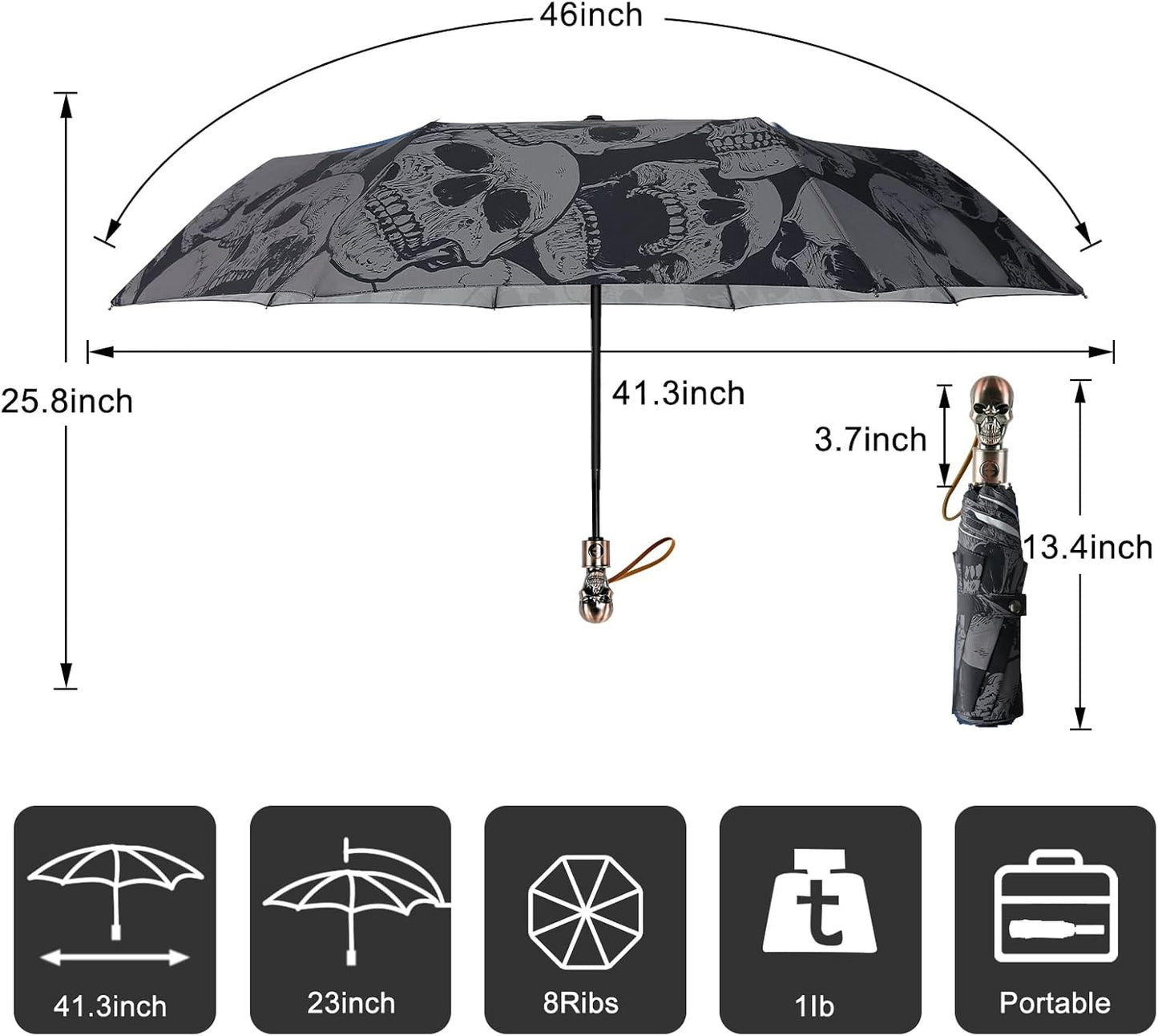 Lejorain Mens Black Skull Umbrella - Automatic Luxury Travel Windproof Umbrella Compact - Portable Strong Lightweight Rain Umbrella for Adults