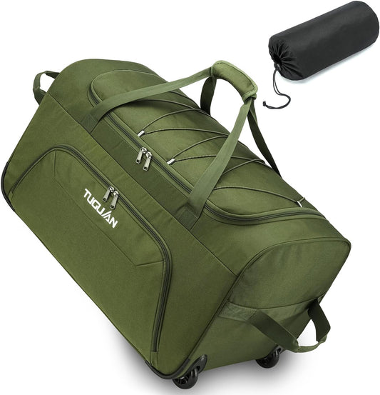 TUGUAN Extra Large Duffle Bag with Wheels Foldable 110L XL Heavy Duty Rolling Travel Duffel Bag 28 inch Collapsible Carry on Luggage for Men Women Traveling Camping, Green
