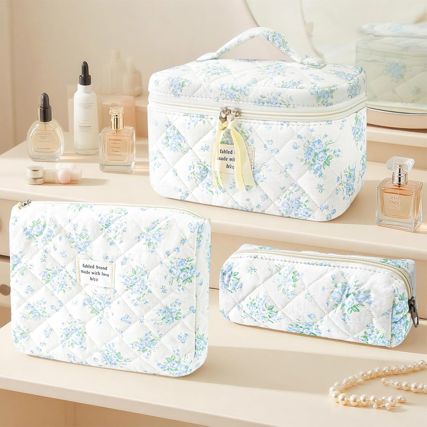 3Pcs Cotton Quilted Makeup Bag for Women Girls, Large Floral Cosmetic Bag Set Cute Makeup Brushes Aesthetic Accessories Storage Bag Blue Rose Flower Travel Toiletry Bag Organizer