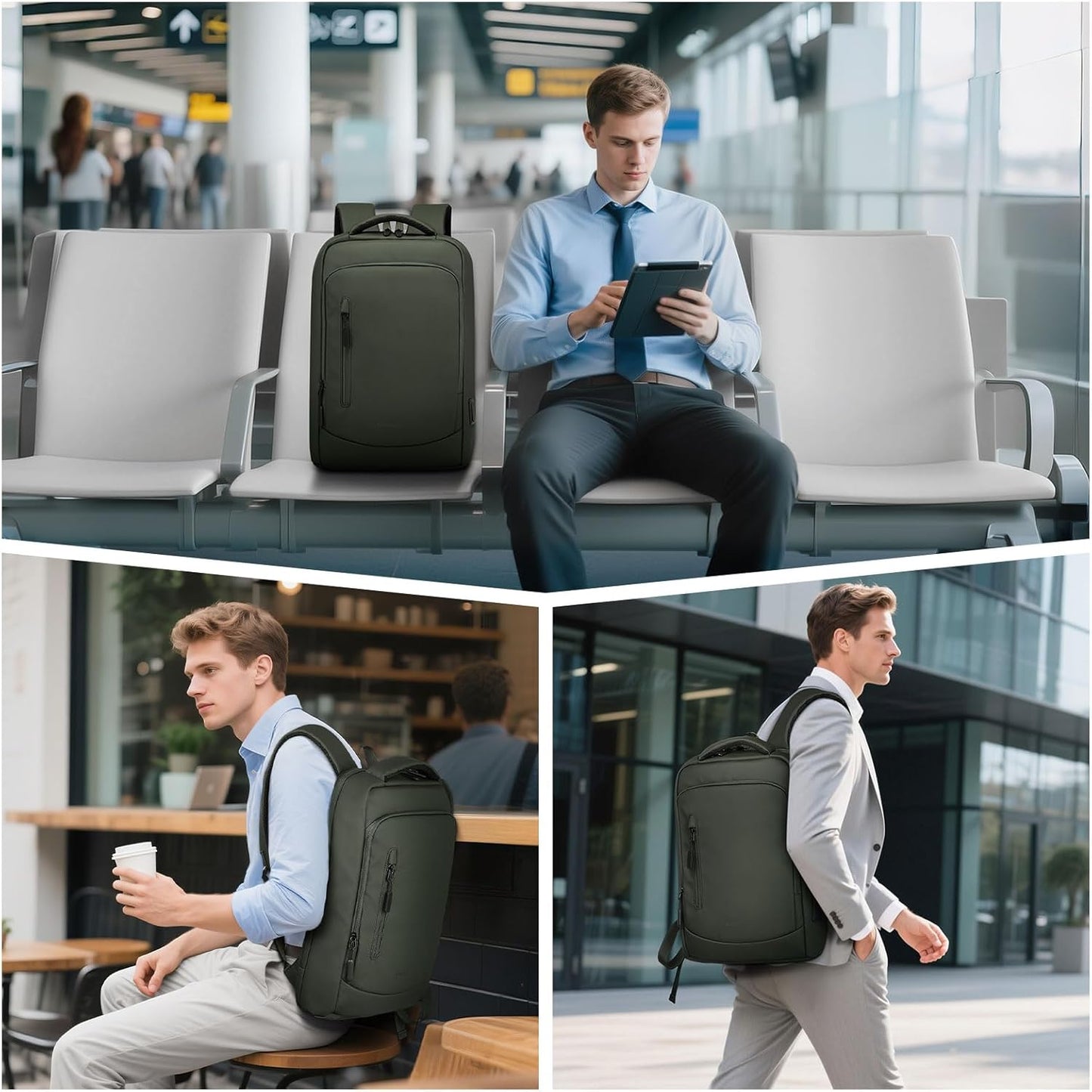 Shockproof Slim Laptop Backpack for Man, Fits 15.6" Laptops, Water Resistant Business Bag with USB A/C Port & Anti-Theft Pocket, Green