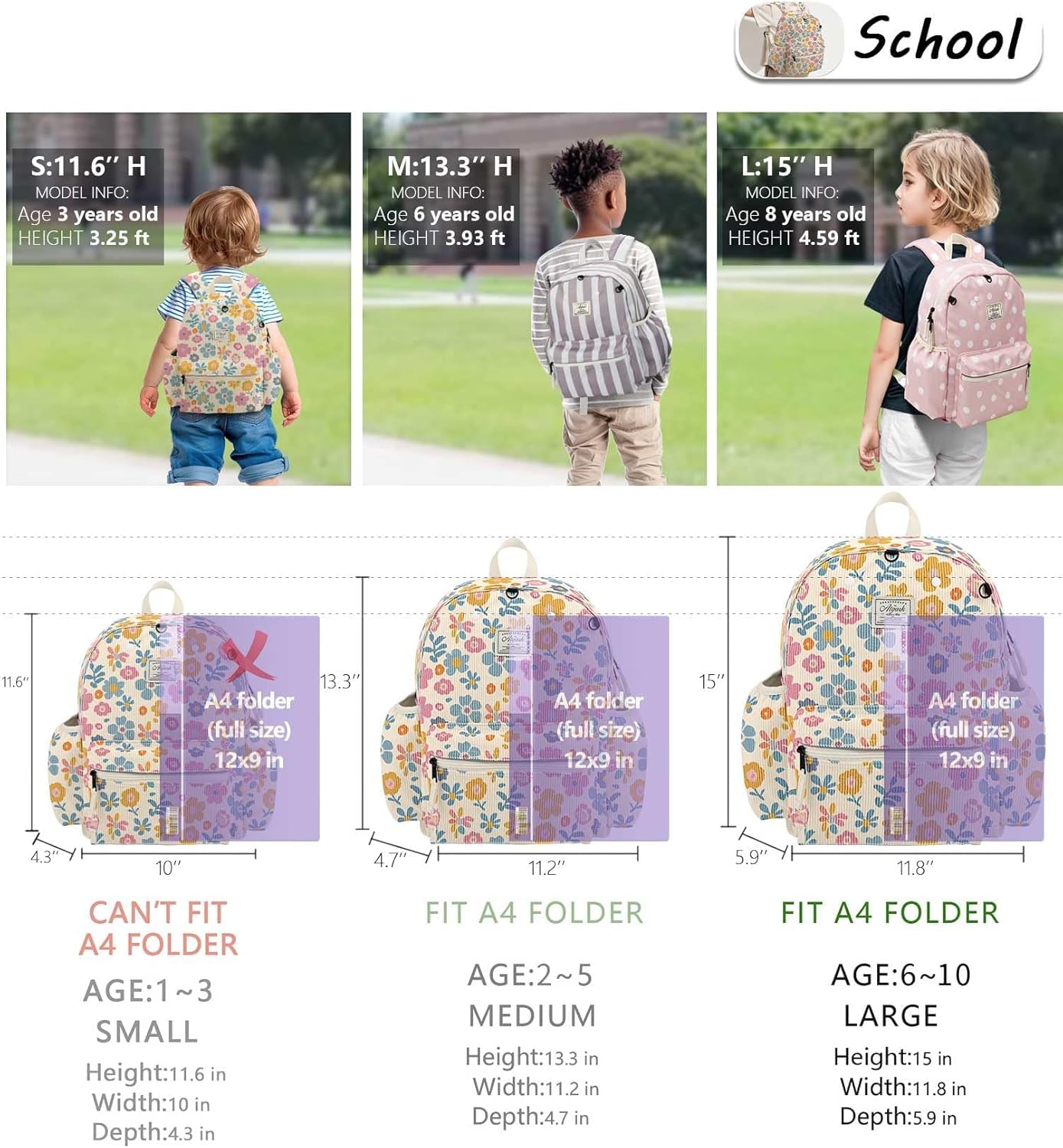 Corduroy Kids Backpack for Girls 6-10: Girls Backpacks for Elementary Kindergarten 15” H Fit Folder