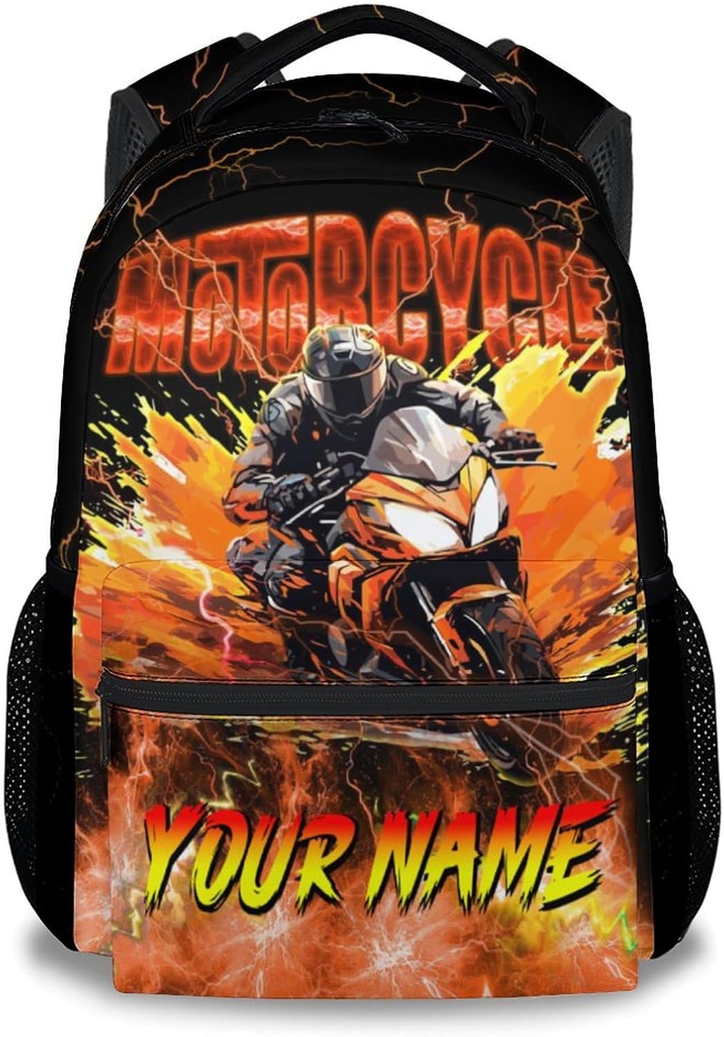 Personalized Boys Backpack, Custom Kids Bookbag with Name, Motorcycle Backpacks for School, 17 Inch Lightning Car Bookbag School Supplies