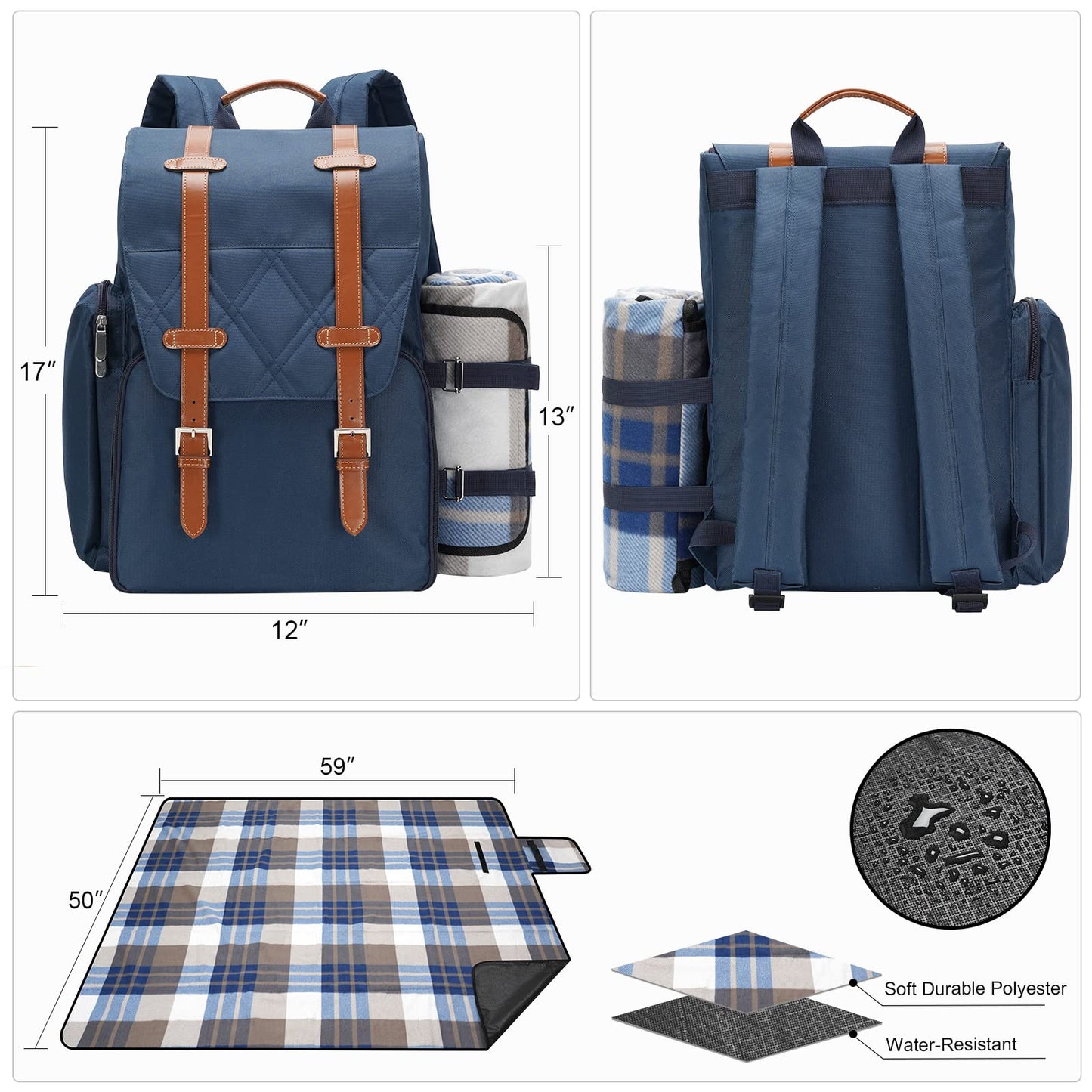 WICKERLAND Picnic Backpack for 4 Person w/Cooler & Waterproof Blanket,Blue