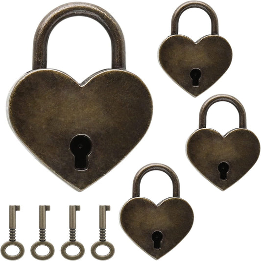 4 Pcs Vintage Antique Padlocks Key Lock with Key, Mini Love Heart Head Luggage Locks, Antique Style