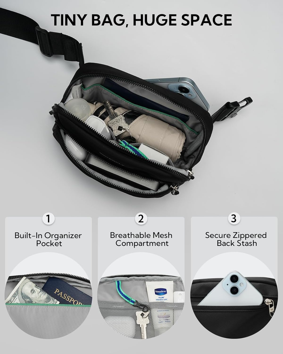 WATERFLY Waist Packs Fanny Pack: 2L Fashion Crossbody Bum Bags for Women Men Casual Waist Bag for Walking Hiking Everywhere