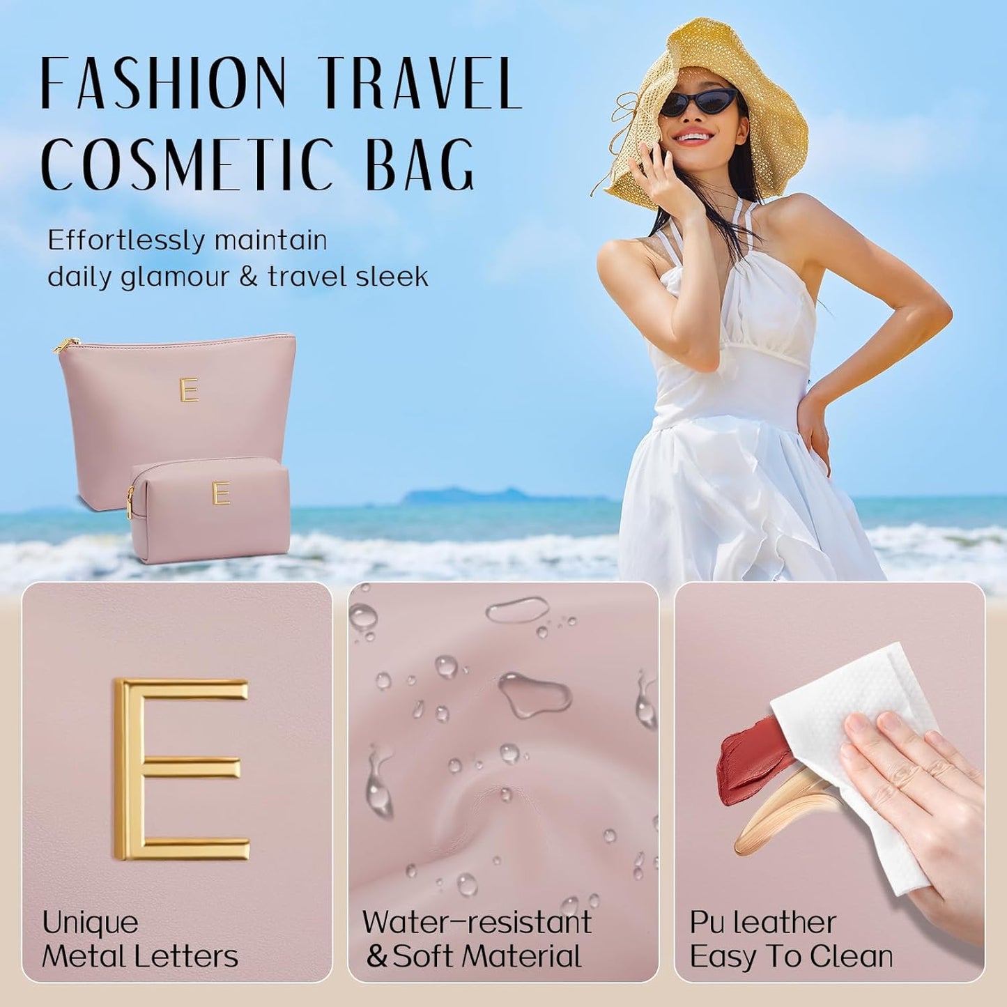 Women Gifts | Initial Makeup Bag Set for Girl Personalized Gifts for Bridesmaid Friend Graduation Teachers PU Leather Cosmetic Travel Toiletry Bag(Pink,E)