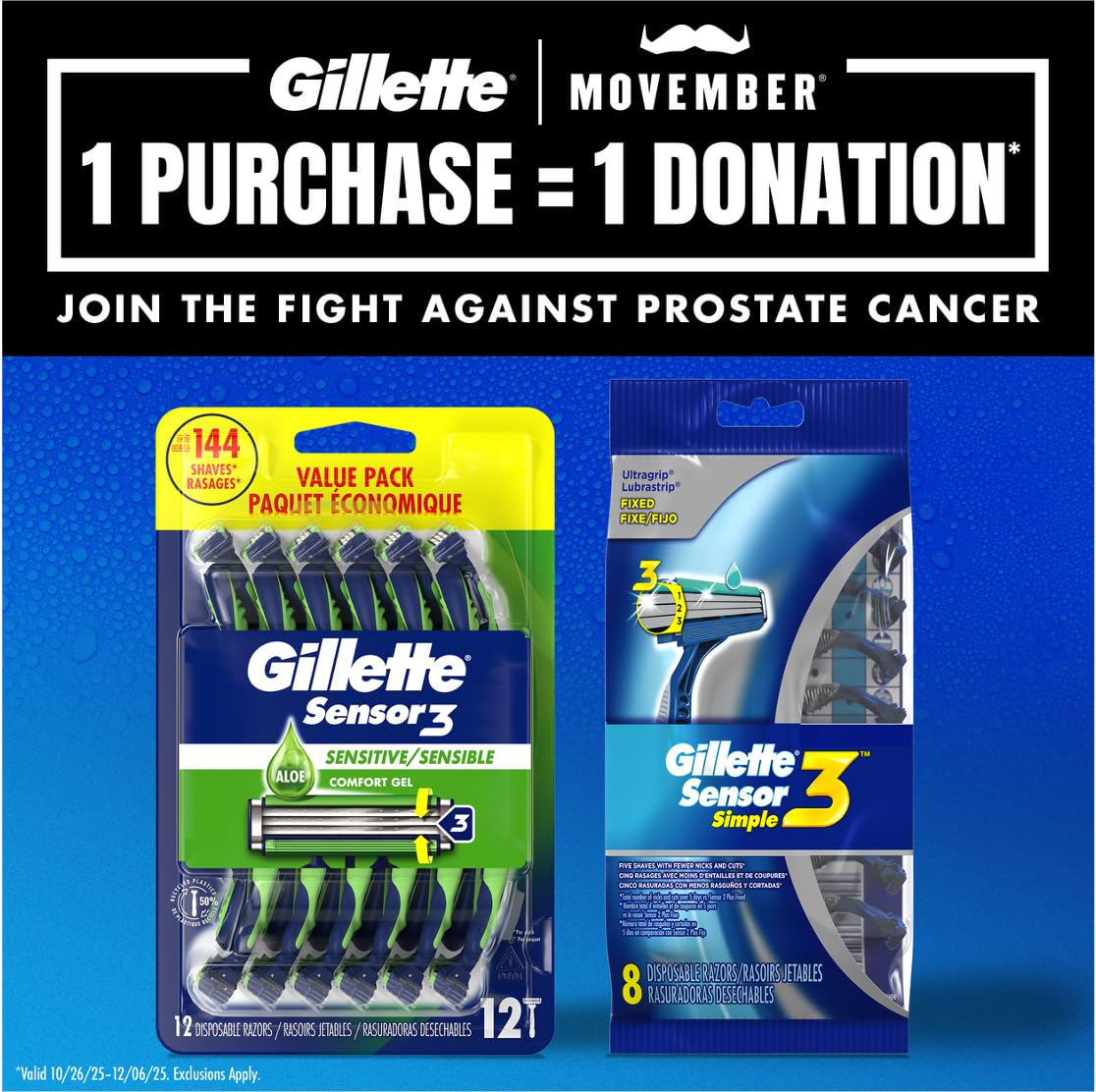 Gillette Sensor3 Comfort Disposable Razors for Men, 8 Count, Lubrastrip Glides Easily Over Your Skin