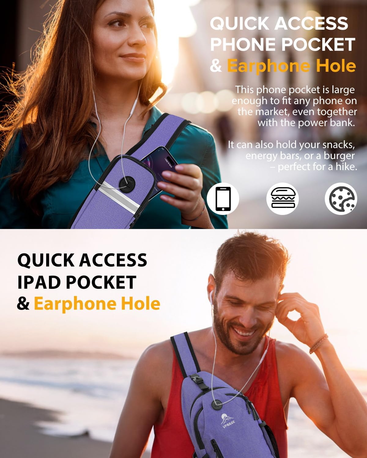 Sling Bag, Crossbody Bag for Men, Cross Body Hiking Backpack, Travel Daypack, Chest Pack with Chest Phone Holder
