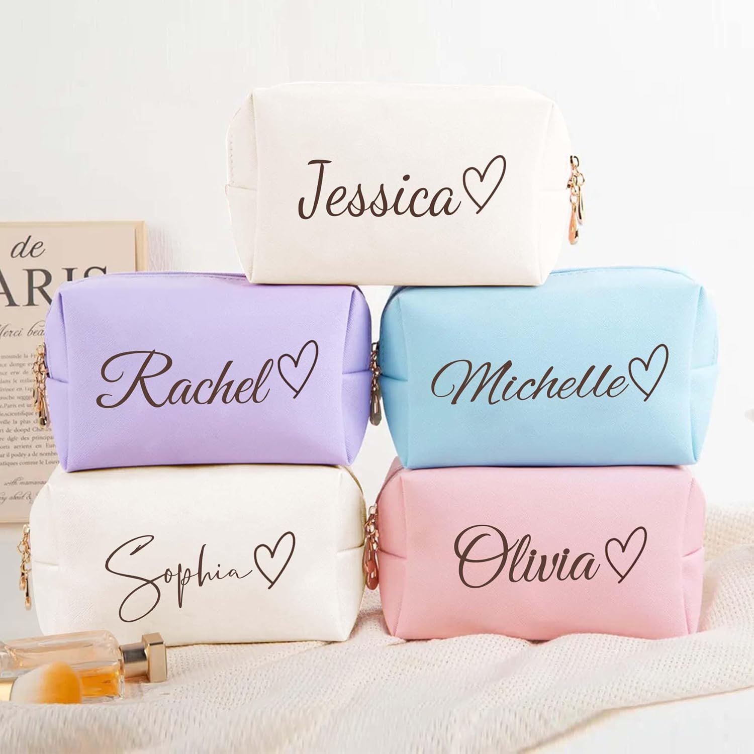 Personalized Makeup Bag with Name & Birth Flower, Custom Leather Cosmetic Bags for Women