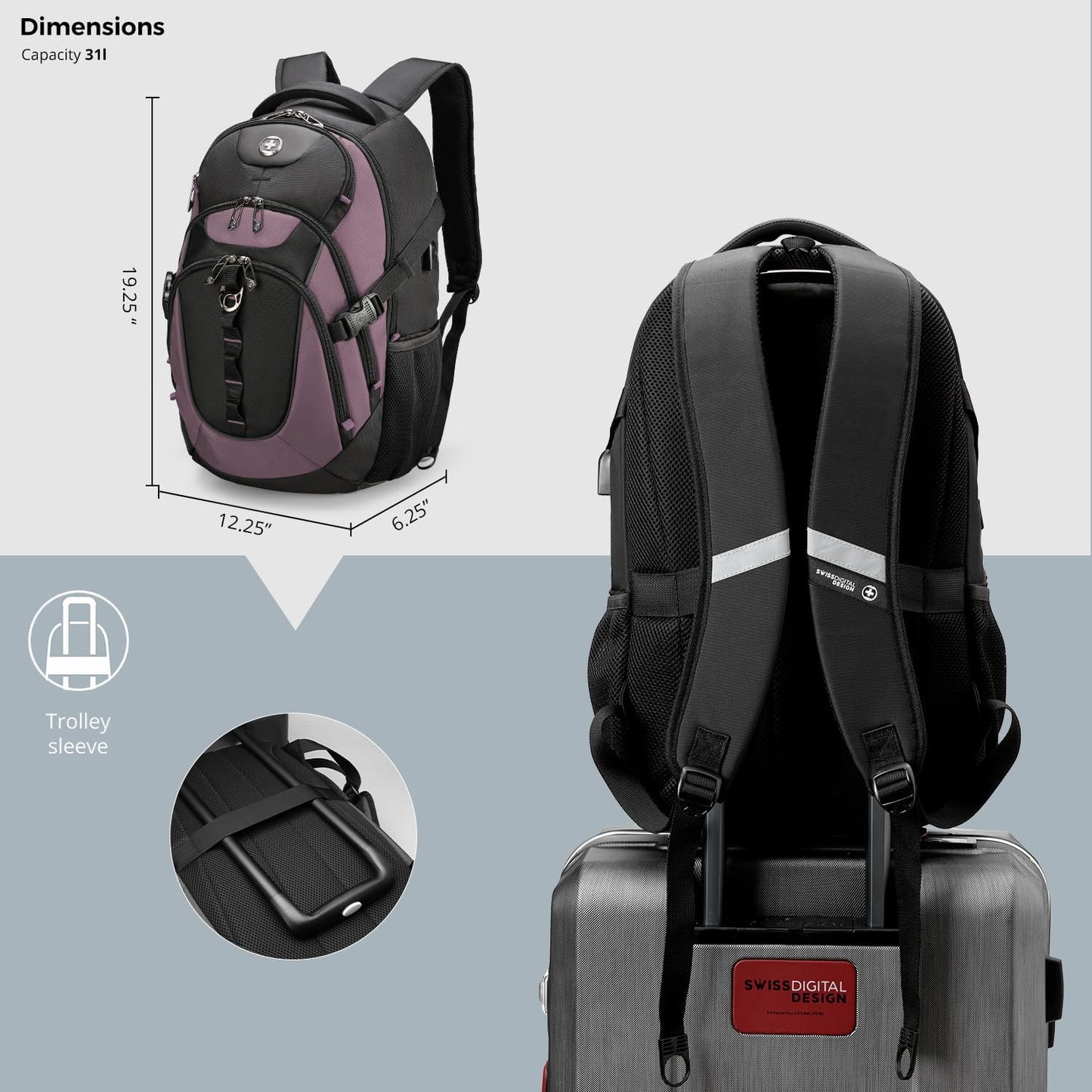 Swissdigital Design Laptop Backpack with USB Charging Port, Travel Backpack Fits 15.6 inches Computer, 31L College School Backpack for Women, Light Purple/Black | SD803