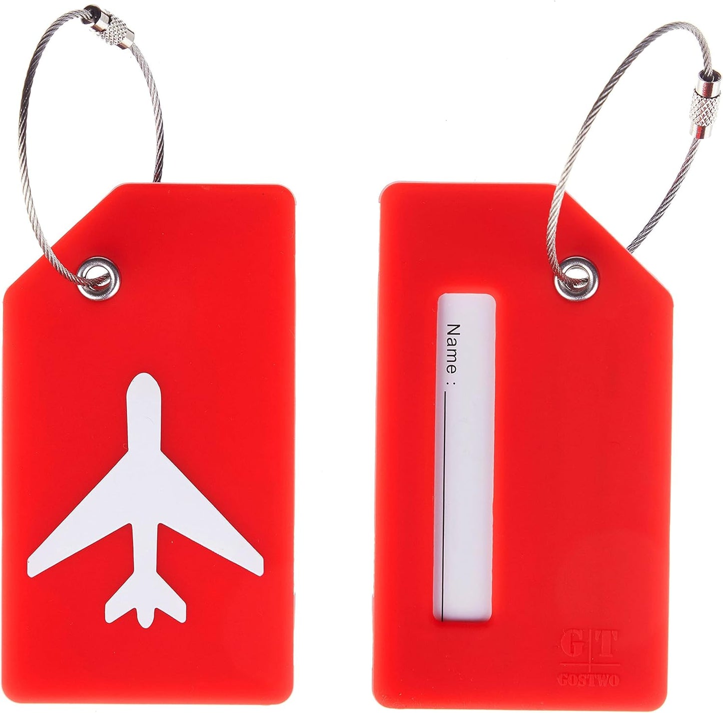 Gostwo 2 Pack Silicone Luggage Tags for Suitcases, 26 Initial Letter Baggage Labels Handbag School Bag Suitcase Instrument Tag with Stainless Steel Loop(Red)(Airplane)