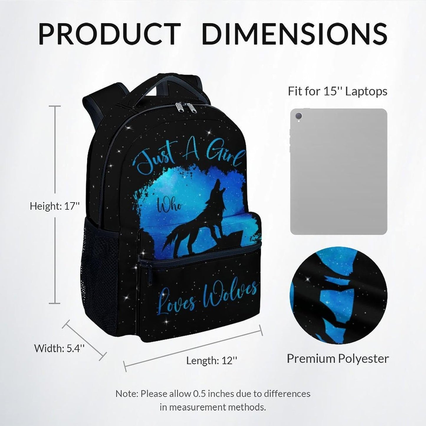 UNIKITTY School Backpack for Girls, Wolf Backpack with Adjustable Straps, Preschool Bookbag Large Capacity Durable, 17" Black Cute Kids Travel Backpacks
