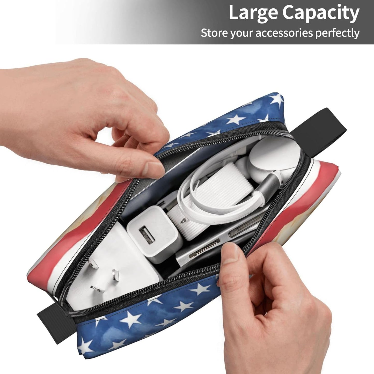 Golden Retriever American Flag Makeup Bag Small Compact & Durable Travel Cosmetic Bag Organizer Oxford Fabric Impact-Resistant Multi-Purpose Storage Perfect for Travel, Gym, Daily Use