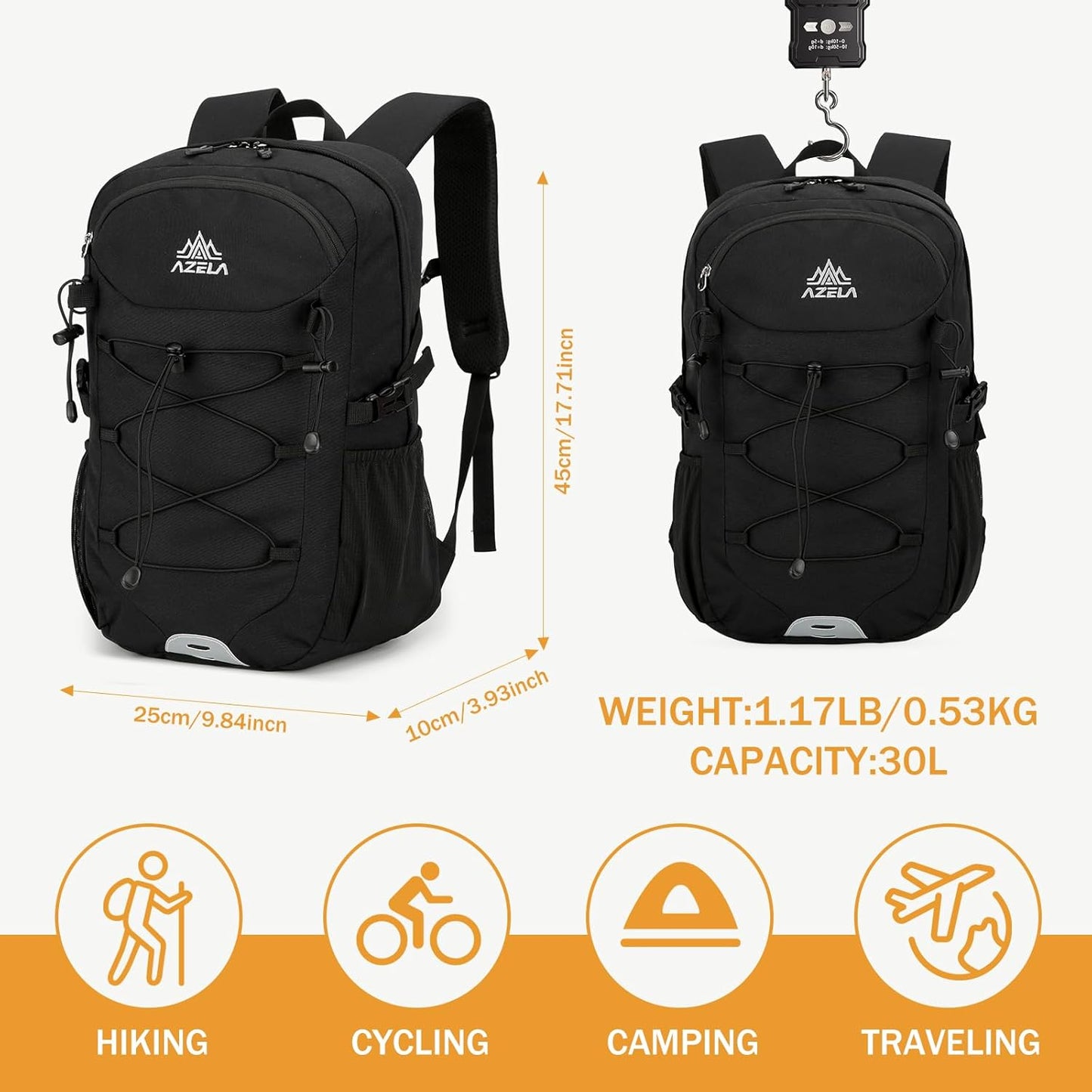 GES 30L Hiking Backpack Lightweight Water Resistant Daypack with Rain Cover & Laptop Compartment for Travel, Camping, trekking, Work(Black)
