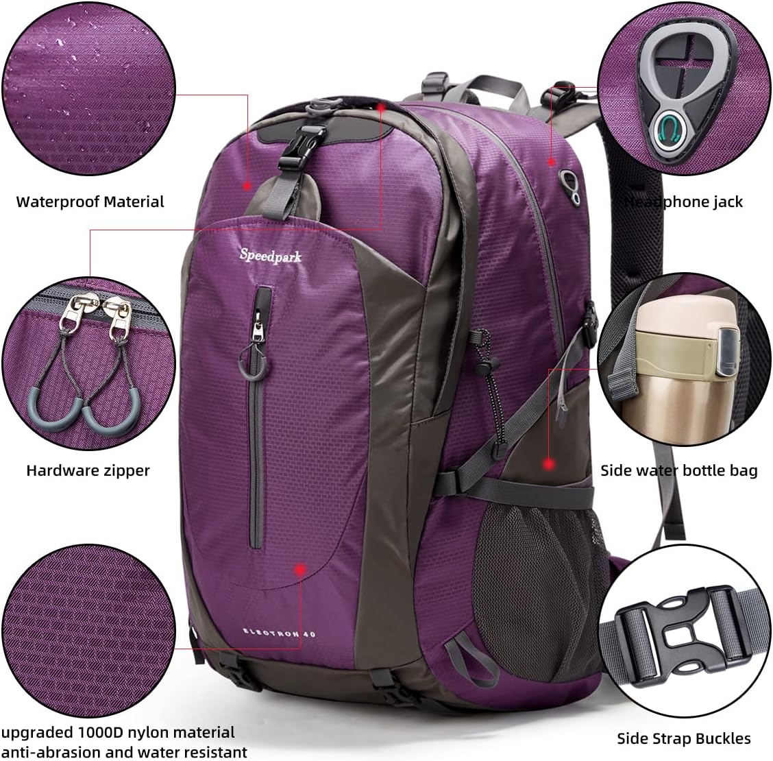 SPEEDPARK Hiking Backpack 40L Waterproof Hiking Daypack with Rain Cover, Outdoor Trekking Travel Backpacks for Men Women