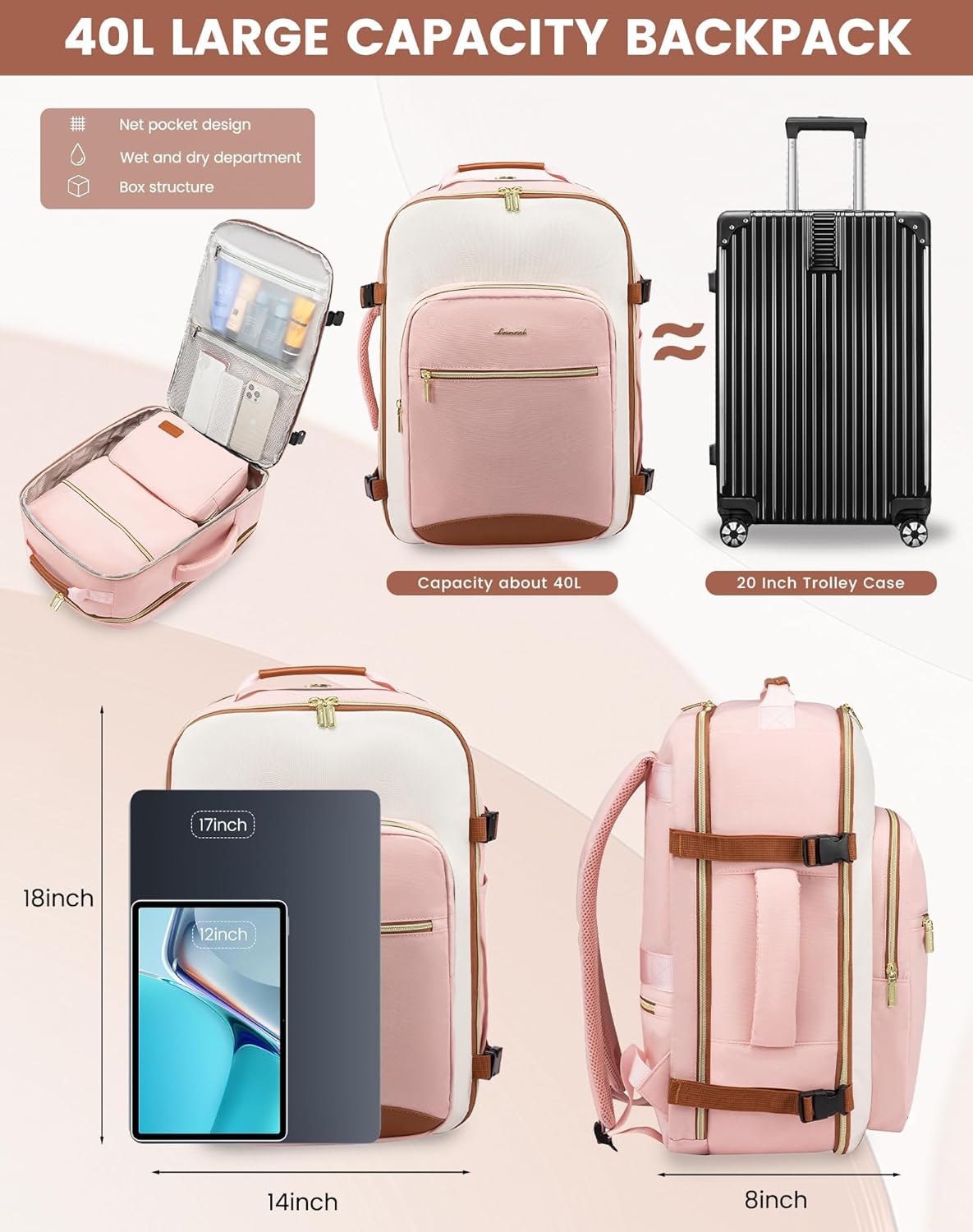 LOVEVOOK 40L Travel Backpack for Women & Men, Airline Approved Carry On Luggage with 3 Packing Cubes, TSA Overnight Bags, Waterproof Personal Item Bag, Weekender Essentials Backpacks fits 17" Laptop