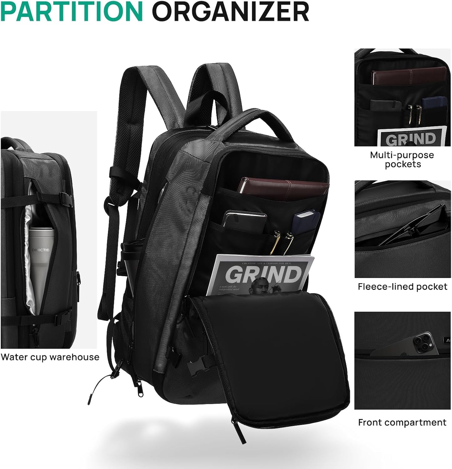 Dinictis Vacuum Seal Travel Backpack 60L Built-in Pump, Expandable Backpack with Vacuum Compression fits 17 inch Laptop, Waterproof Carry On Suitcase Luggage suit for Short Trip and Business-Black
