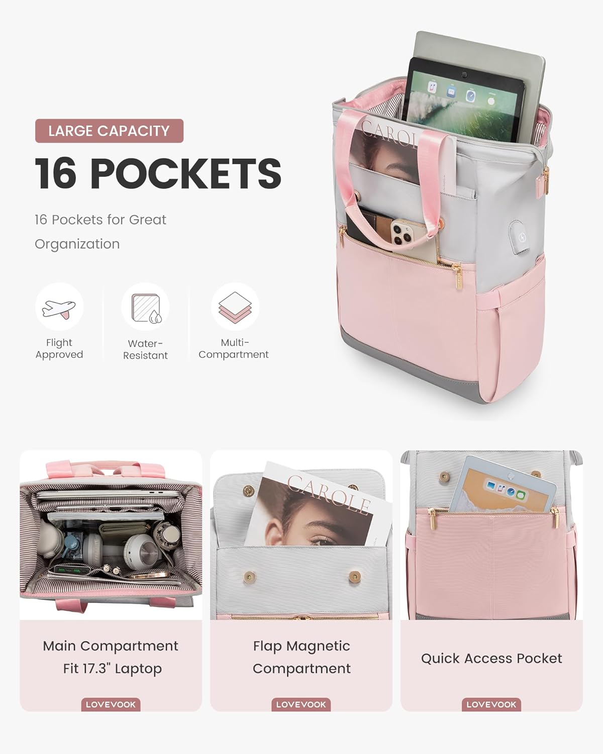 LOVEVOOK 17.3 Inch Laptop Backpack for Women, Large Capacity Travel Backpack with Organizer Bag, Waterproof Carry on Backpack Work Bag with USB Port, Teacher Nurse Backpack Purse, 2PCS, Grey-Pink