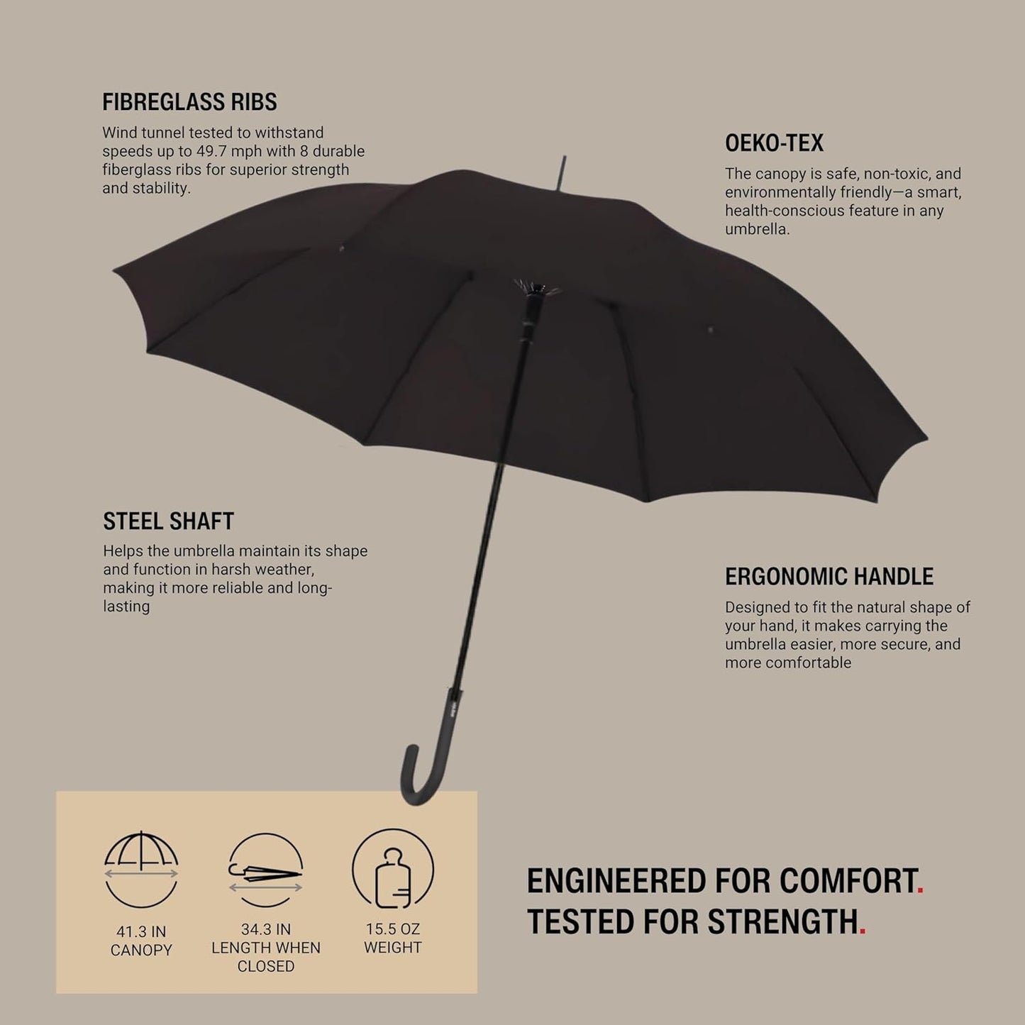 Knirps T.760 Stick Automatic Auto Open Rain Umbrella With Curved Handle - Windproof Travel Cane With Automatic Open Button - For Adults - 107cm Diameter