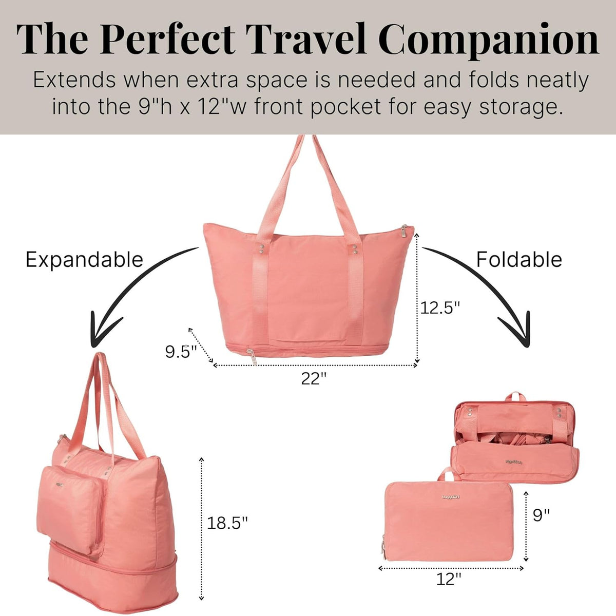 Baggallini Carryall Expandable Lightweight Travel Tote 22" Packable Folding Compact Nylon Washable