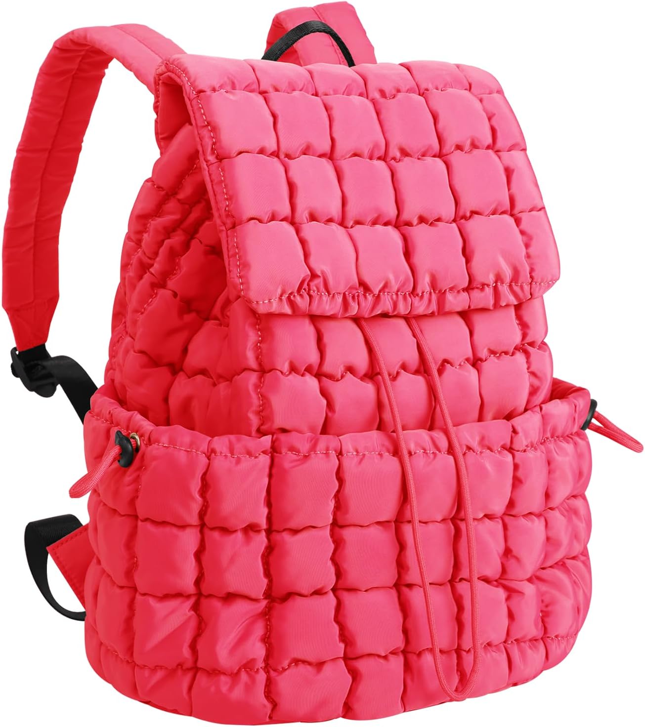 XSUIOY Quilted Backpack Purse for Women Small Lightweight Puffer Puffy College Laptop Backpack Nylon Casual Bookbag Daypack Top Flap Drawstring Padding Hiker Travel Gym Backpack(Rosered)
